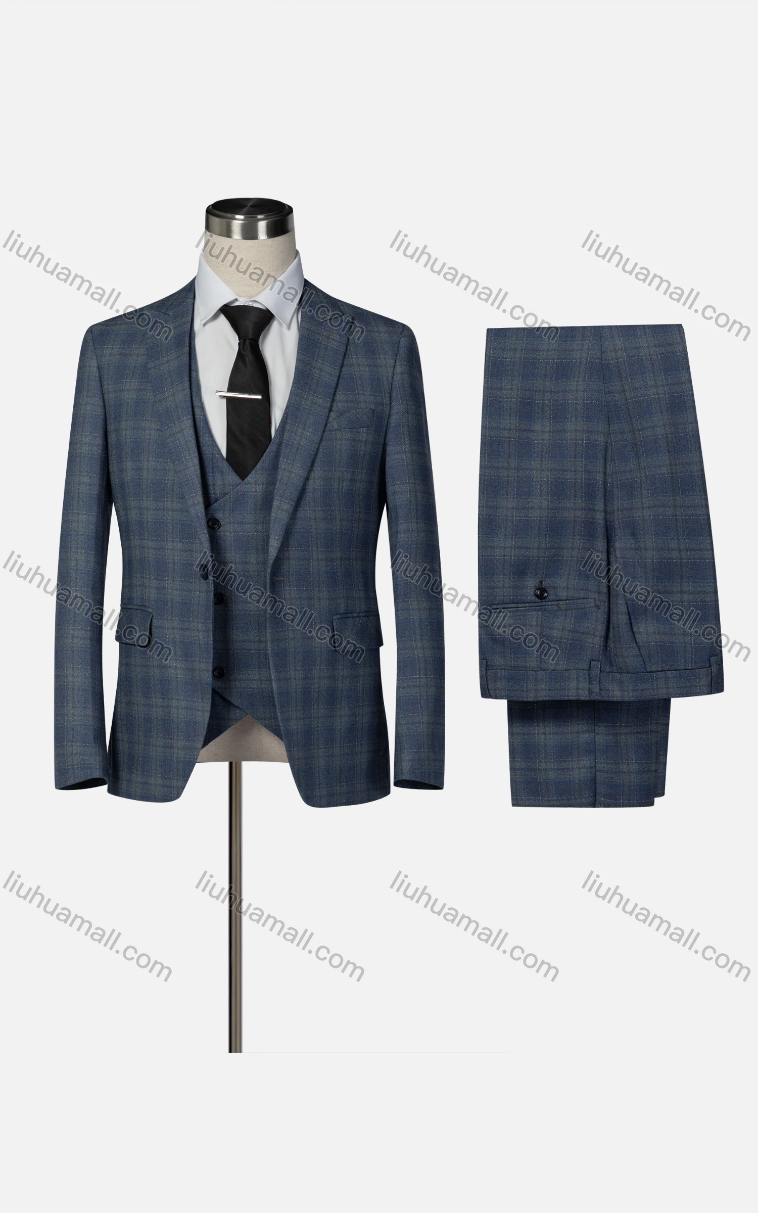 Wholesale Men's Formal Lapel Plaid One Button Blazer & Waistcoat & Pants 3-piece Suit Set - Liuhuamall
