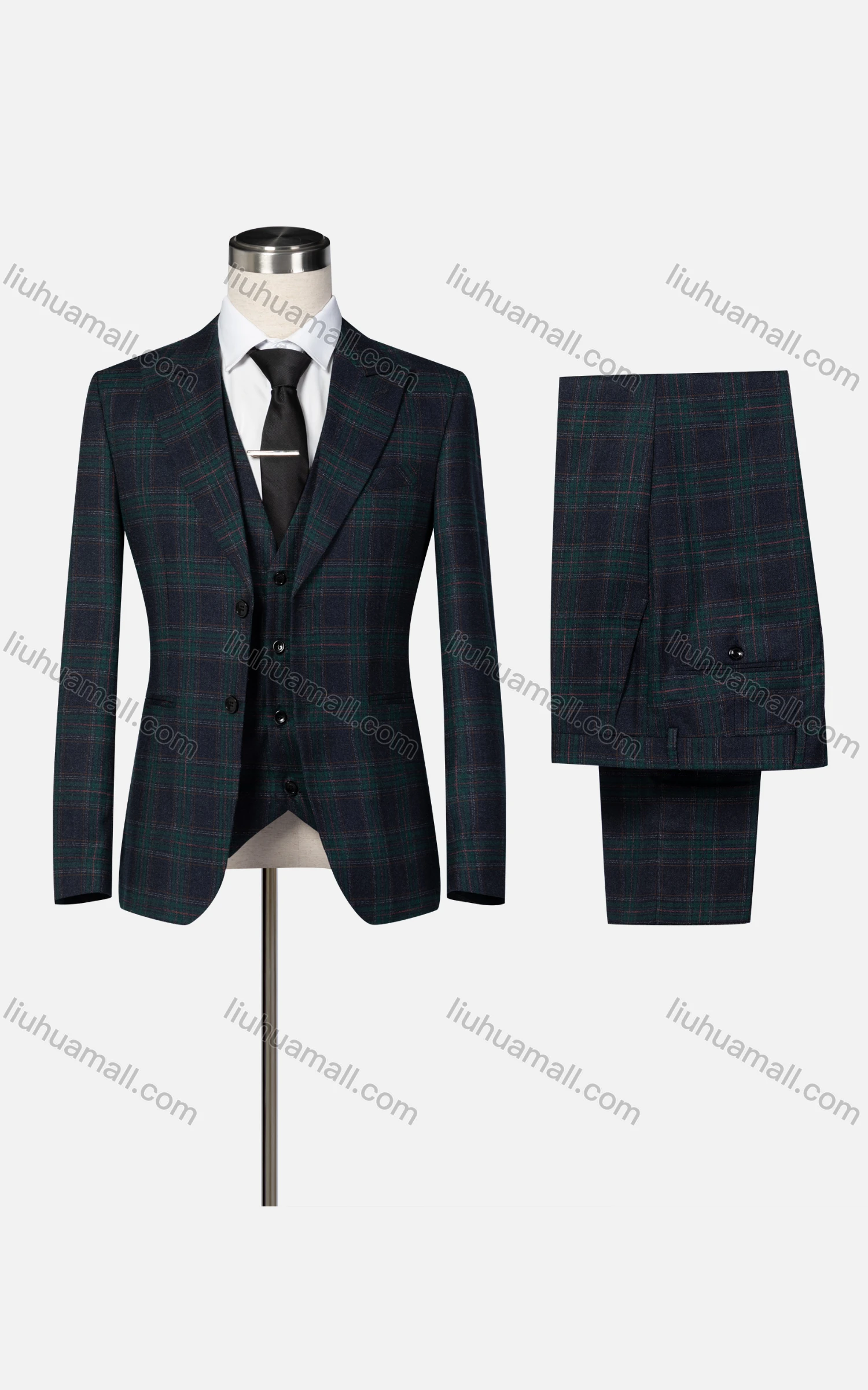 Wholesale Men's Formal Lapel Plaid Single Breasted Blazer & Waistcoat & Pants 3-piece Suit Set - Liuhuamall