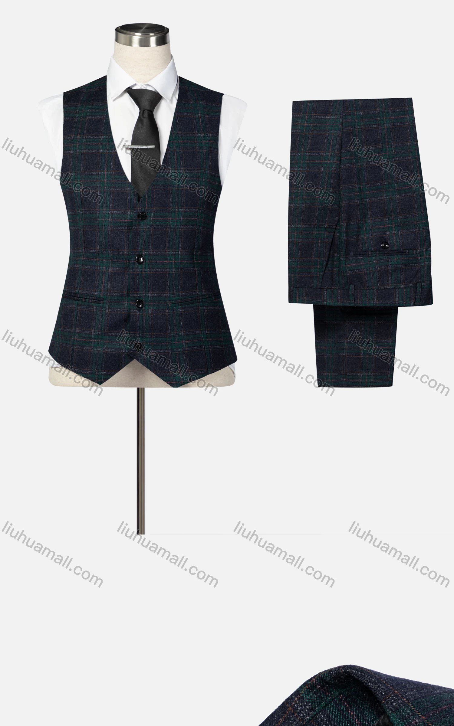 Wholesale Men's Formal Lapel Plaid Single Breasted Blazer & Waistcoat & Pants 3-piece Suit Set - Liuhuamall