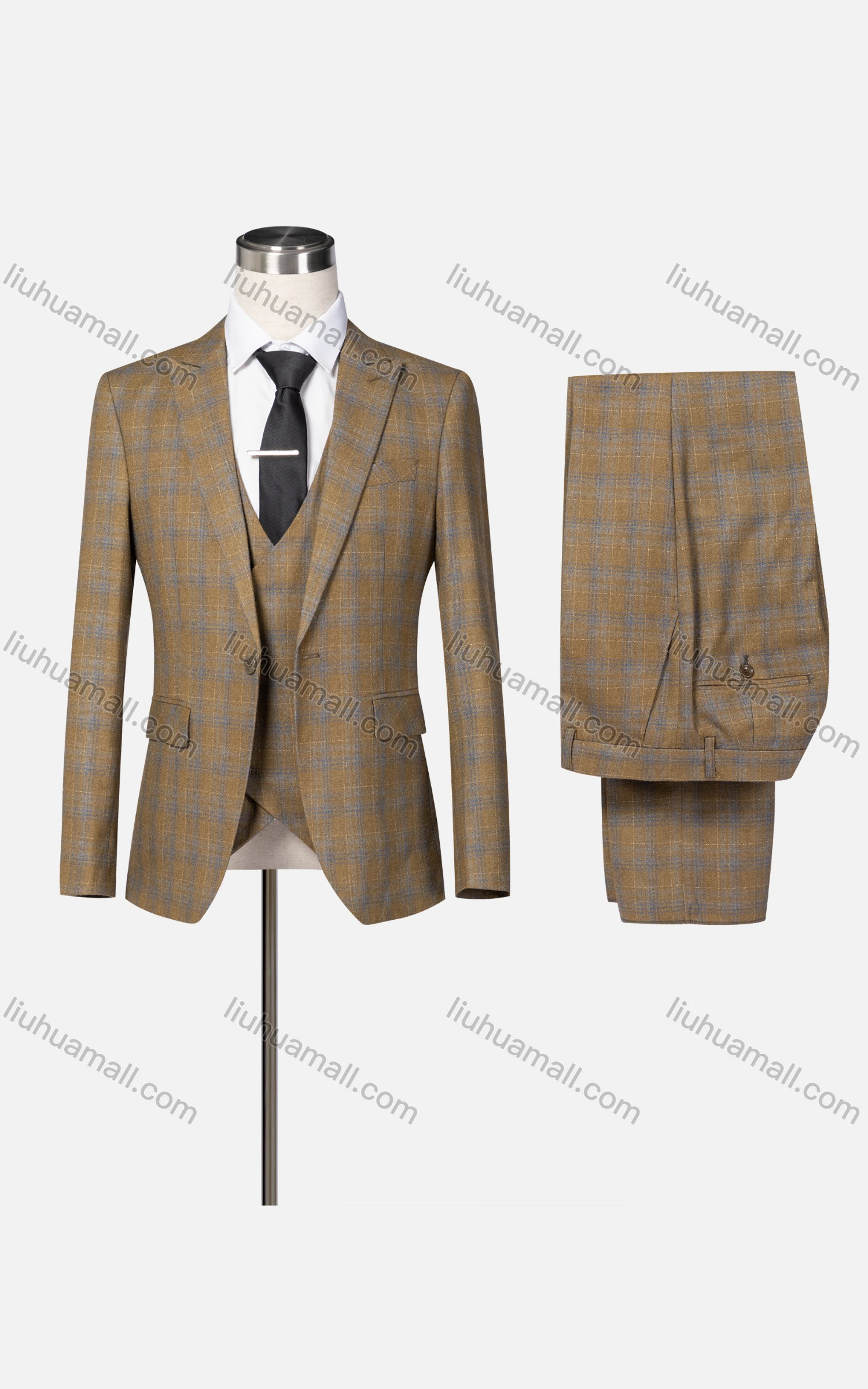 Wholesale Men's Formal Lapel One Button Plaid Blazer & Waistcoat & Pants 3-piece Suit Set - Liuhuamall