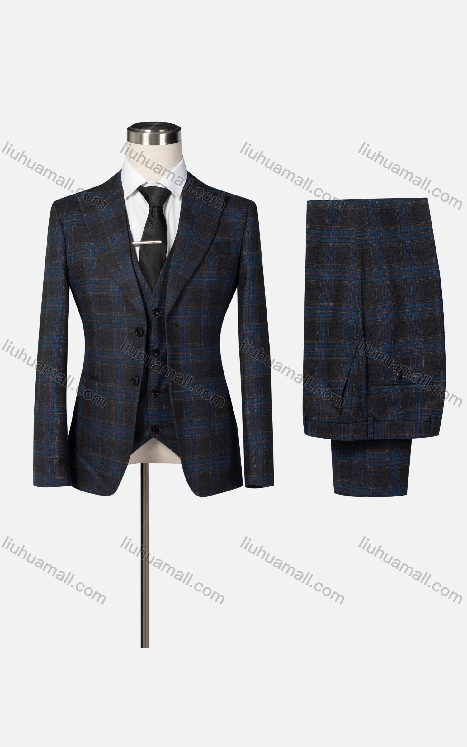 Wholesale Men's Formal Lapel Single Breasted Plaid Blazer & Waistcoat & Pants 3-piece Suit Set - Liuhuamall