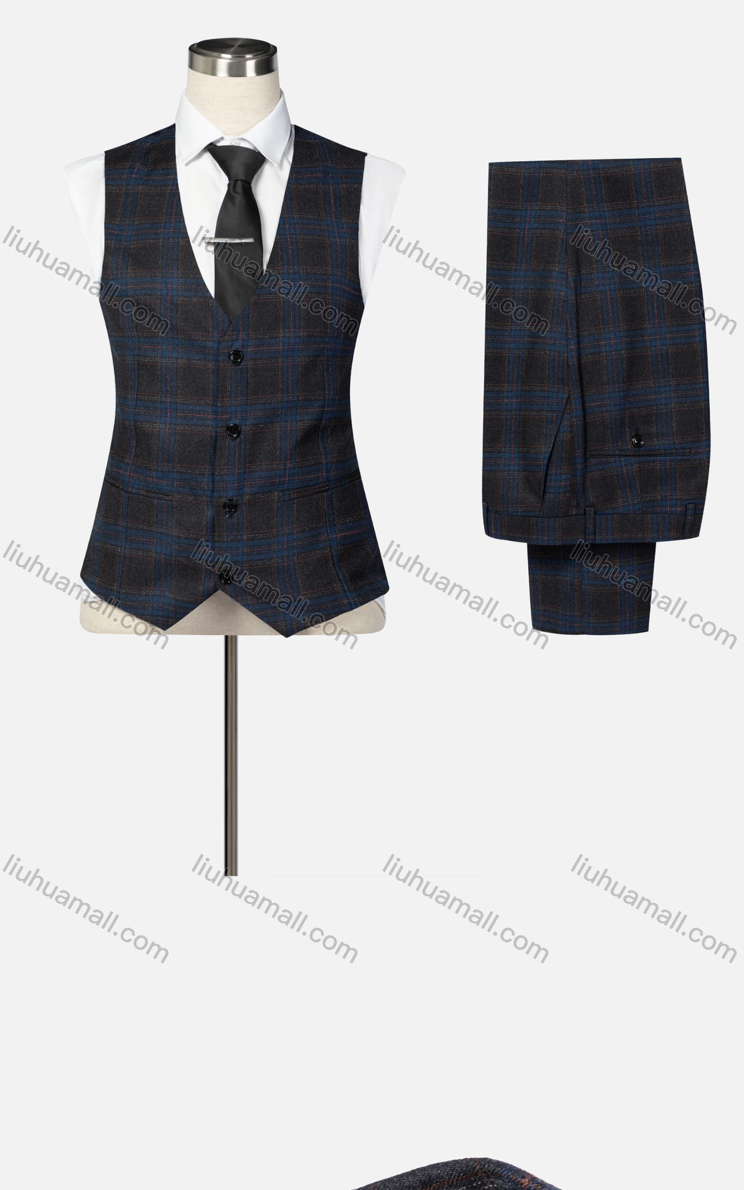 Wholesale Men's Formal Lapel Single Breasted Plaid Blazer & Waistcoat & Pants 3-piece Suit Set - Liuhuamall
