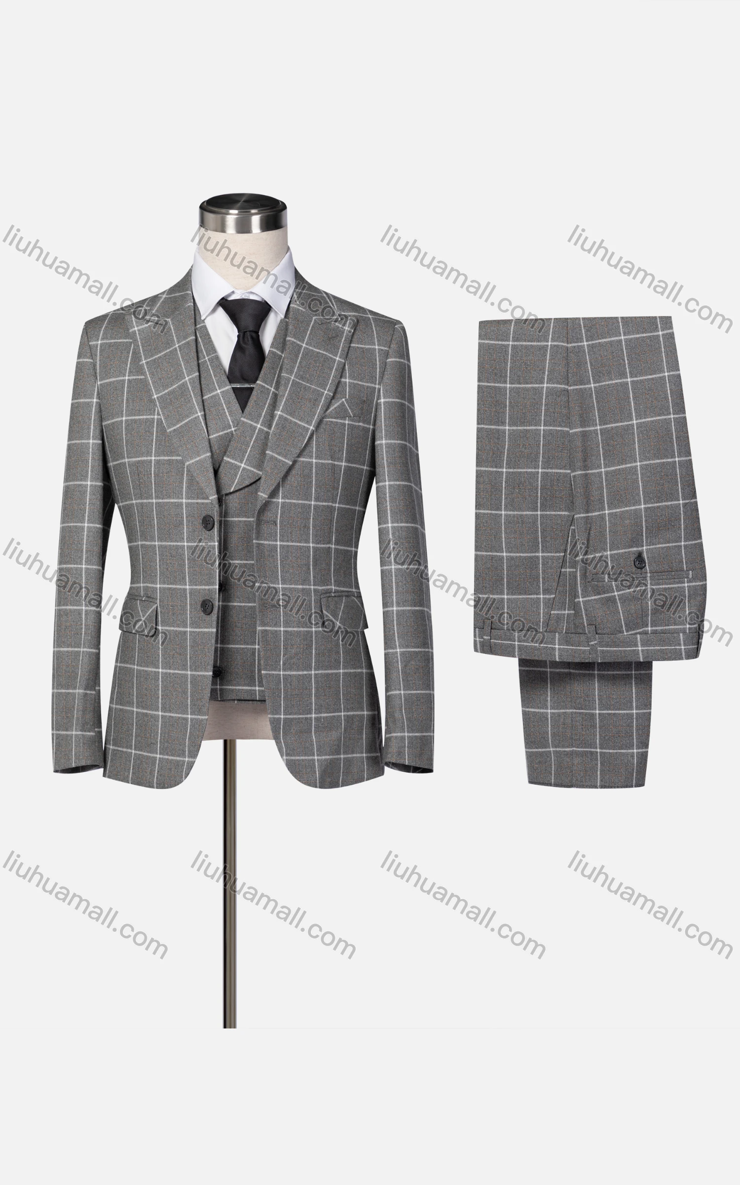 Wholesale Men's Formal Lapel Single Breasted Plaid Blazer & Waistcoat & Pants 3-piece Suit Set - Liuhuamall