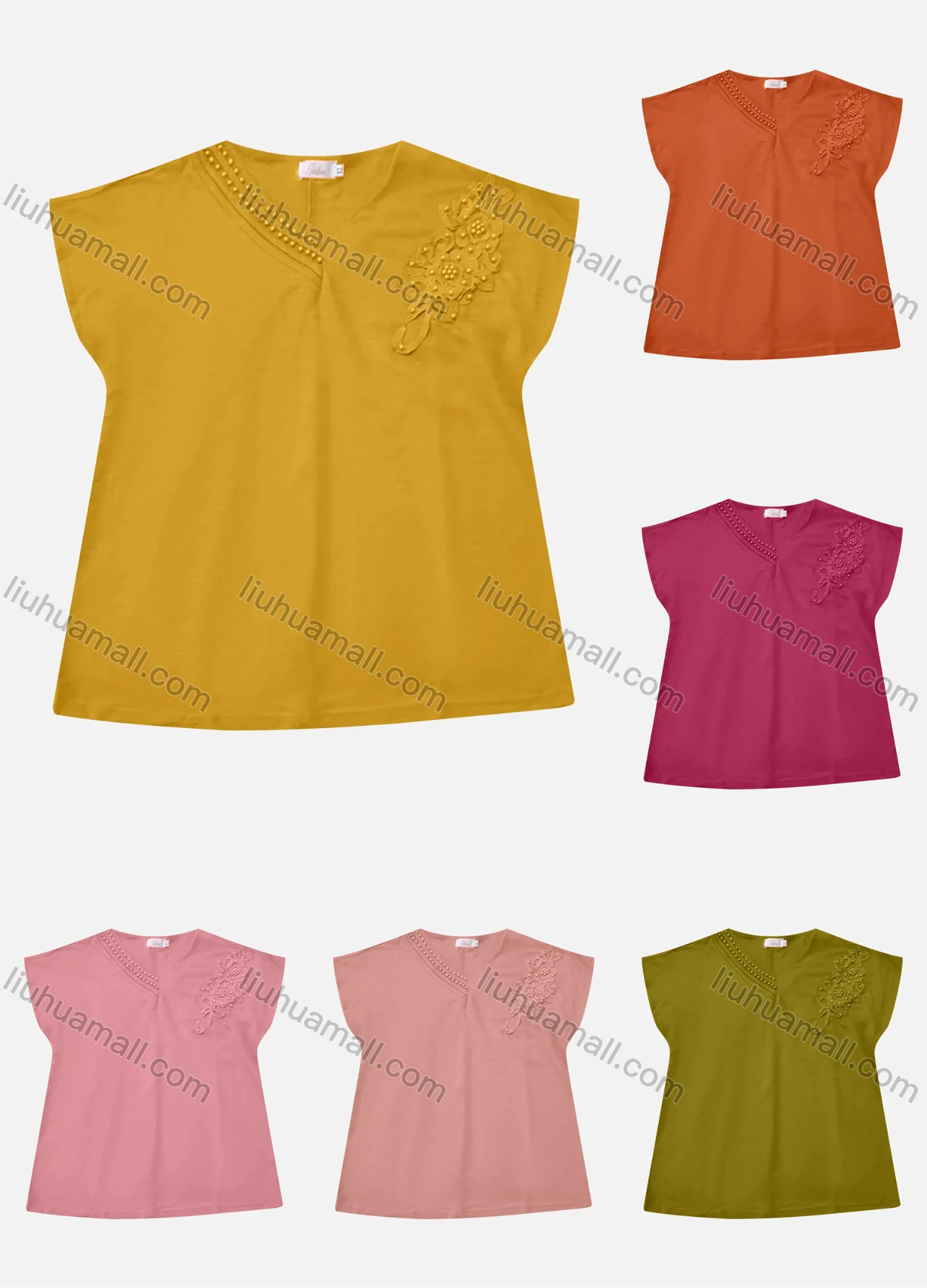 Wholesale Women's Casual V Neck Appliques Pearl Decor Short Sleeve Blouse - Liuhuamall