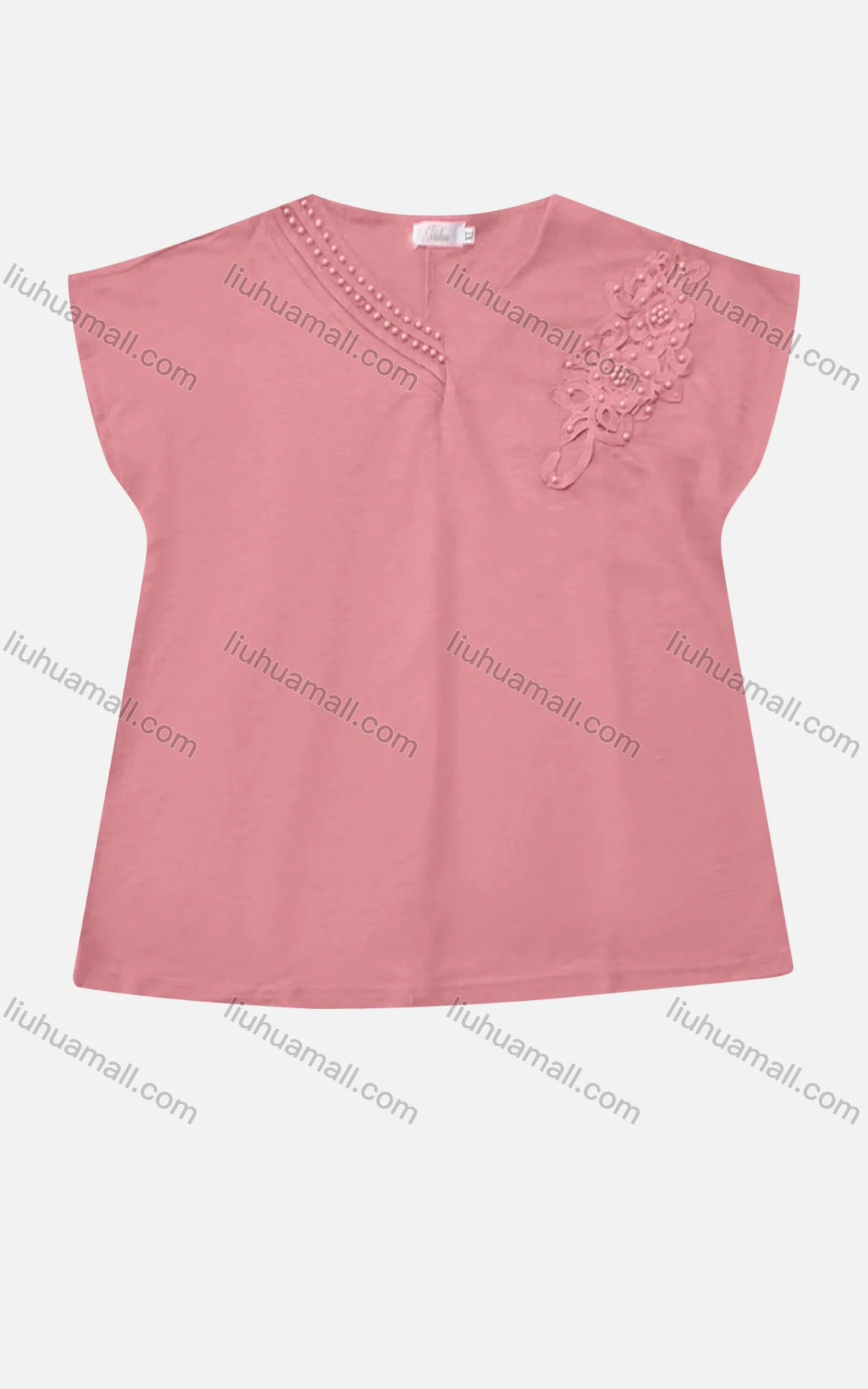 Wholesale Women's Casual V Neck Appliques Pearl Decor Short Sleeve Blouse - Liuhuamall