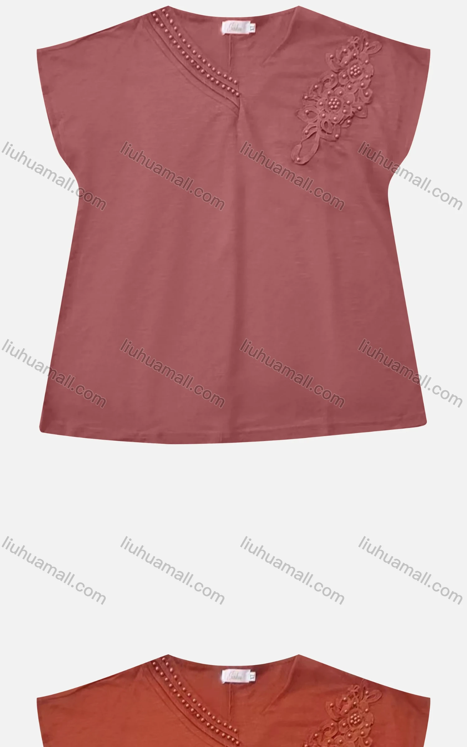 Wholesale Women's Casual V Neck Appliques Pearl Decor Short Sleeve Blouse - Liuhuamall