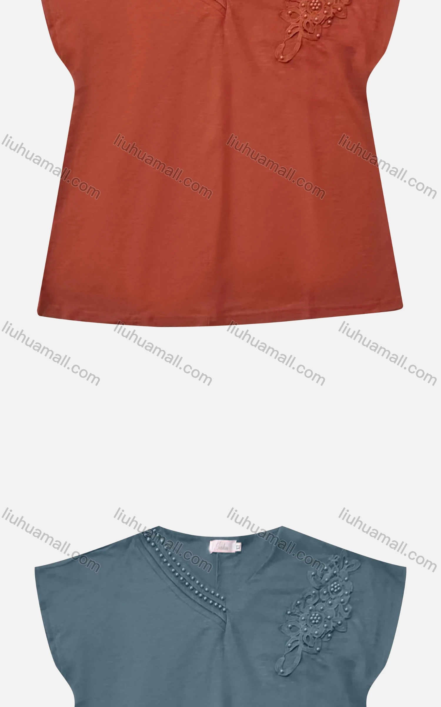 Wholesale Women's Casual V Neck Appliques Pearl Decor Short Sleeve Blouse - Liuhuamall