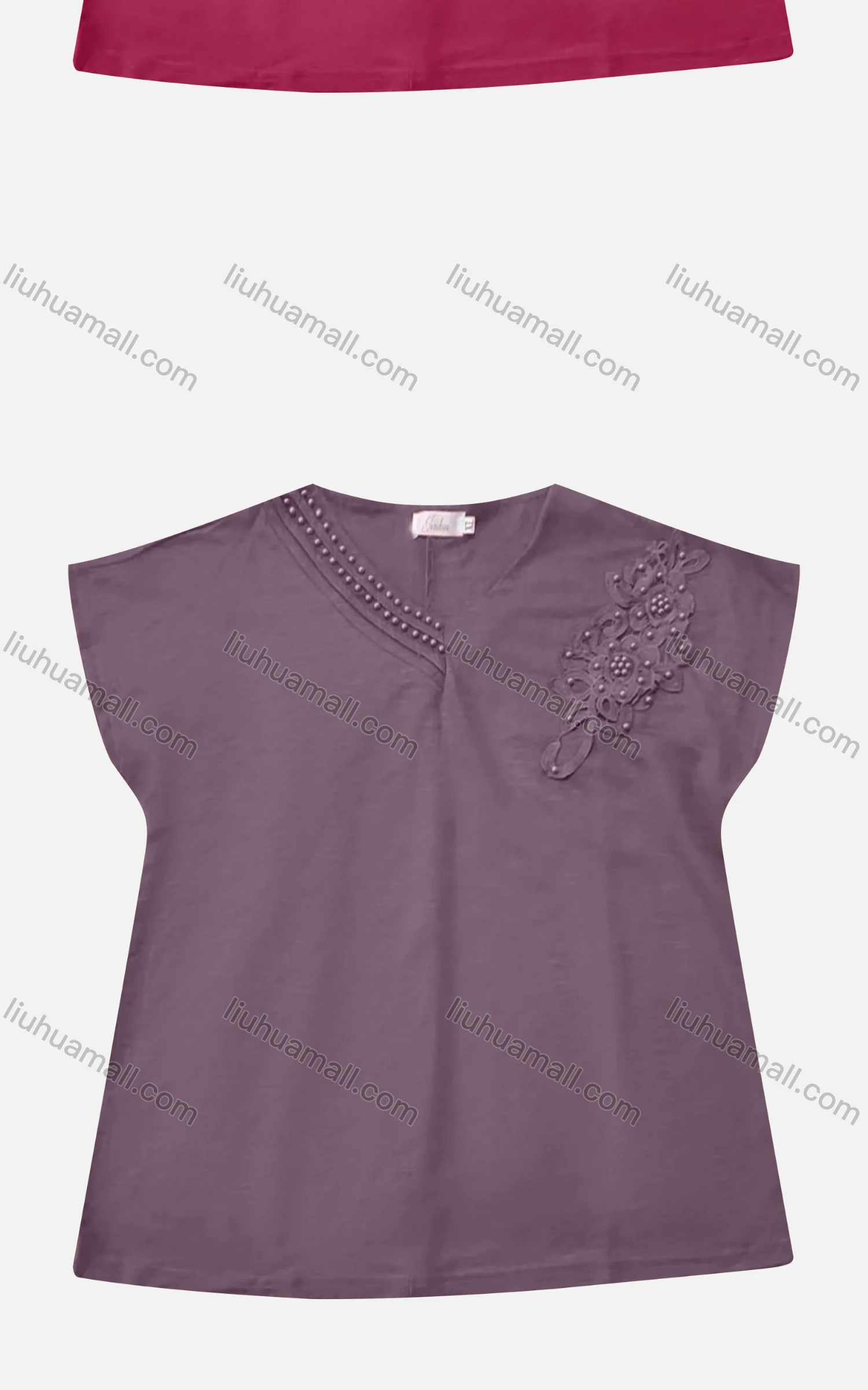 Wholesale Women's Casual V Neck Appliques Pearl Decor Short Sleeve Blouse - Liuhuamall