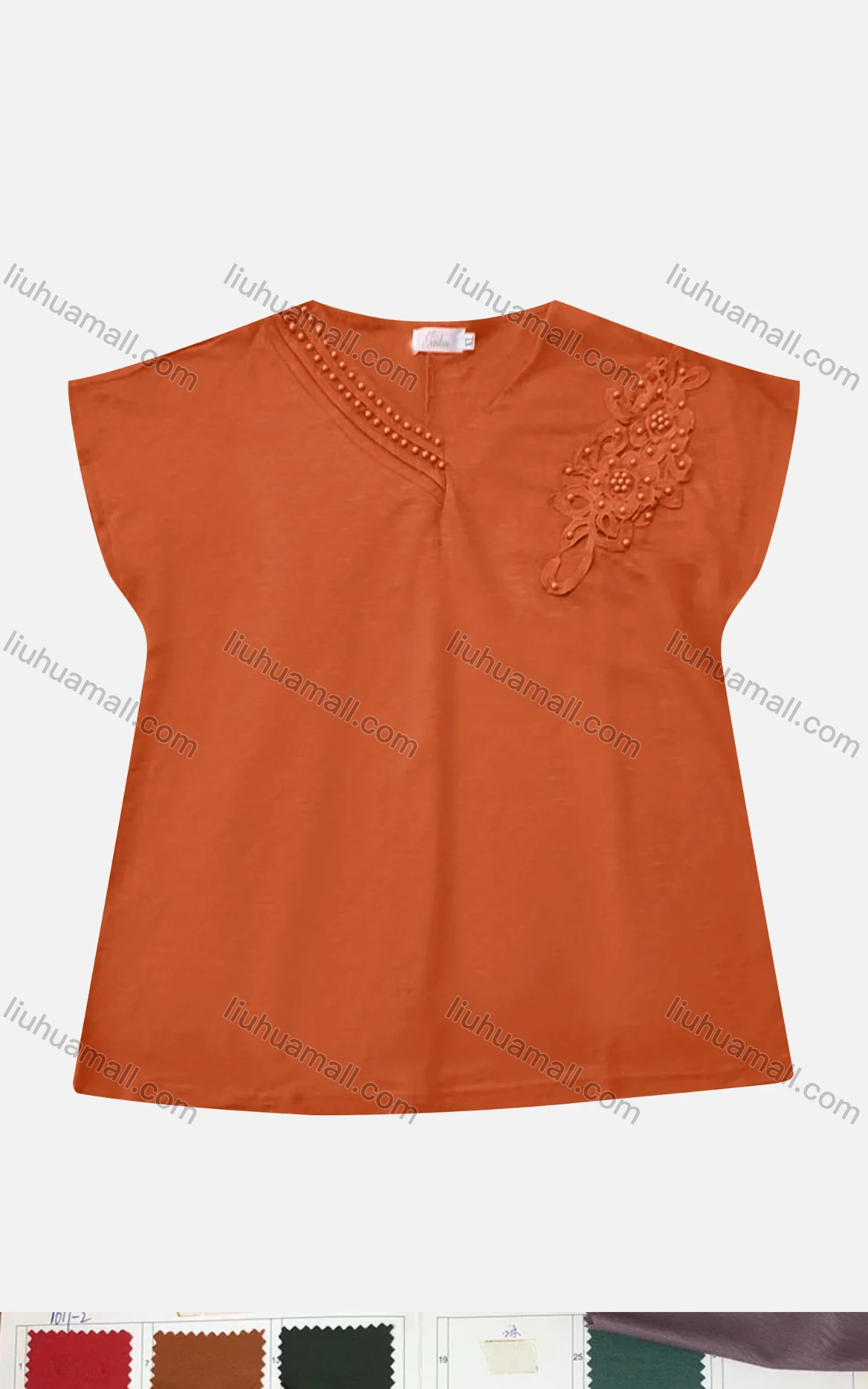 Wholesale Women's Casual V Neck Appliques Pearl Decor Short Sleeve Blouse - Liuhuamall