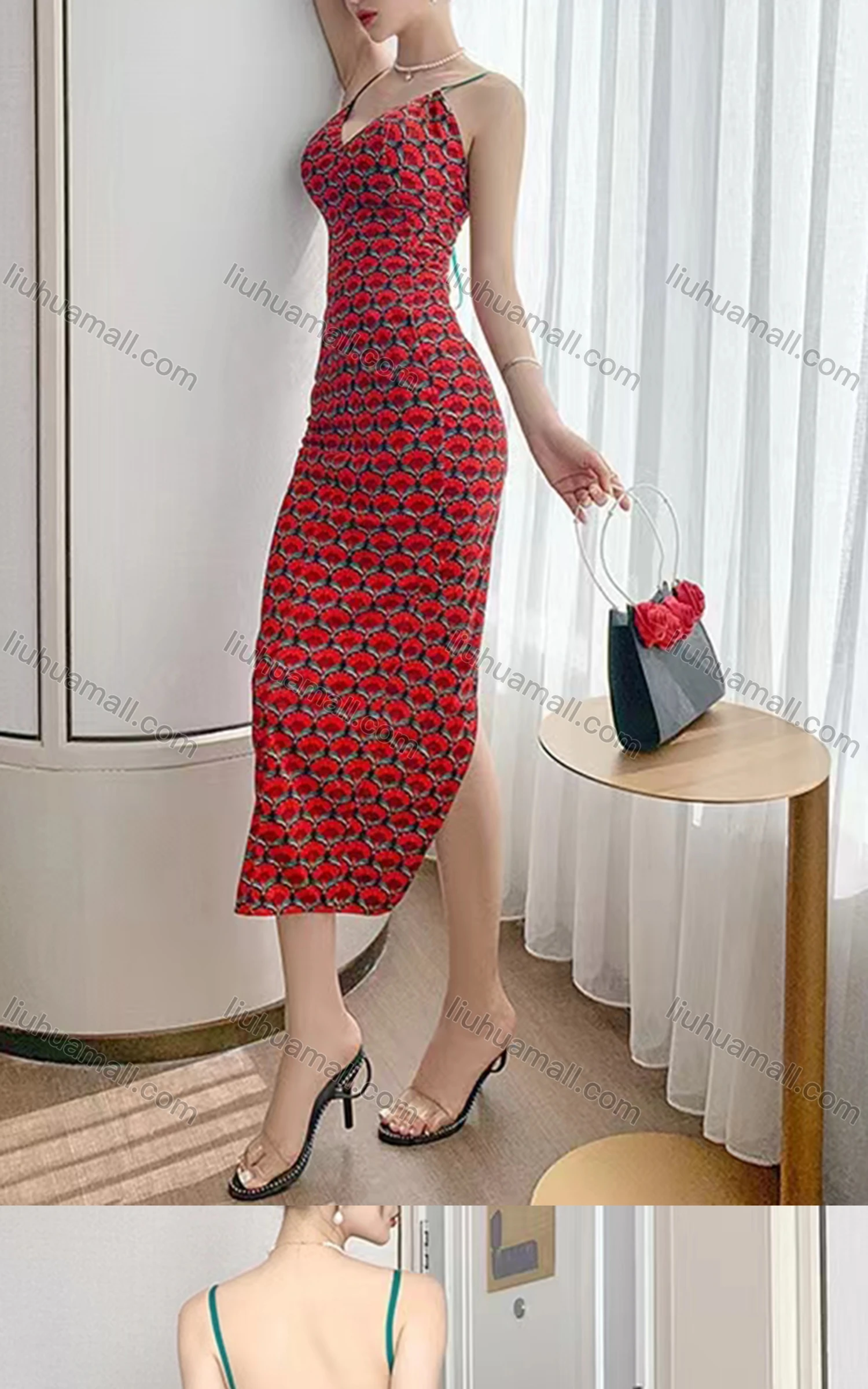 Wholesale Women's Sexy V Neck Spaghetti Strap Backless Split Back Midi Floral Ombre Cami Dress - Liuhuamall