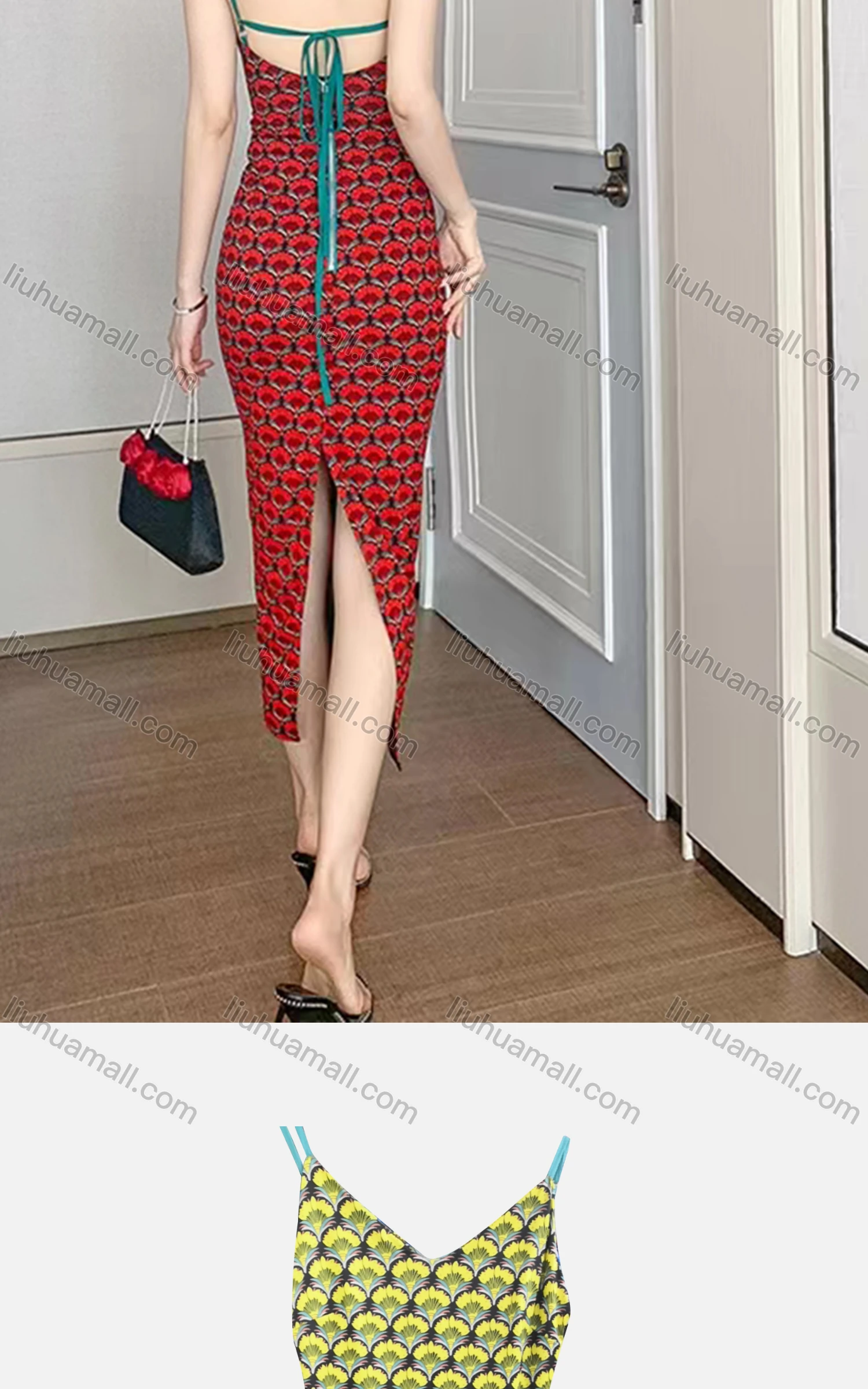 Wholesale Women's Sexy V Neck Spaghetti Strap Backless Split Back Midi Floral Ombre Cami Dress - Liuhuamall