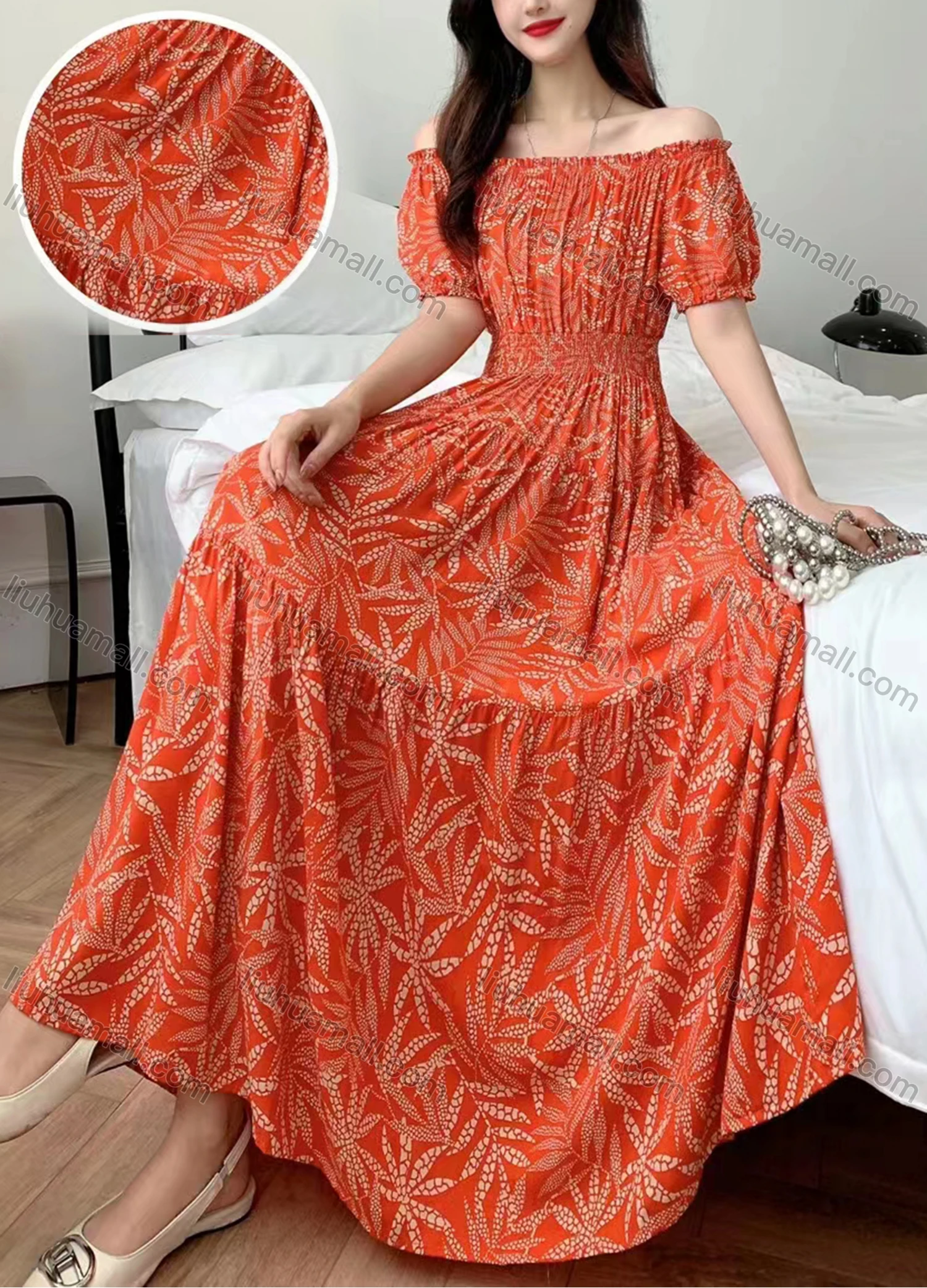 Wholesale Women's Casual Off Shoulder Puff Sleeve Peplum Shirred Leaf Maxi Dress 887-362# - Liuhuamall