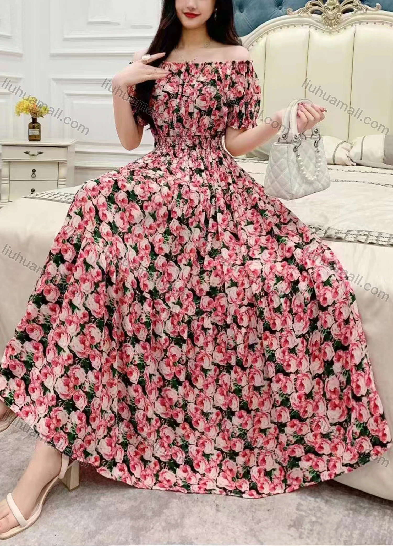 Wholesale Women's Casual Off Shoulder Puff Sleeve Peplum Shirred Floral Maxi Dress 887-357# - Liuhuamall