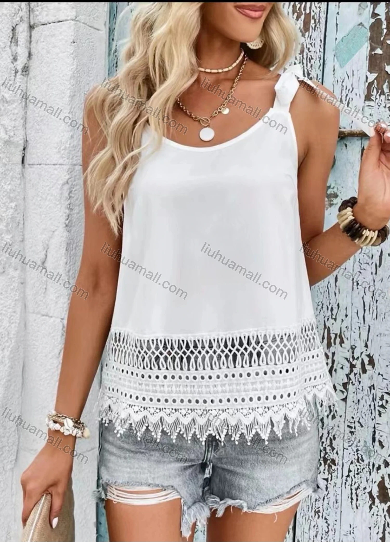 Wholesale Women's Casual Plain Hollow Out Lace Trim Cami Top - Liuhuamall