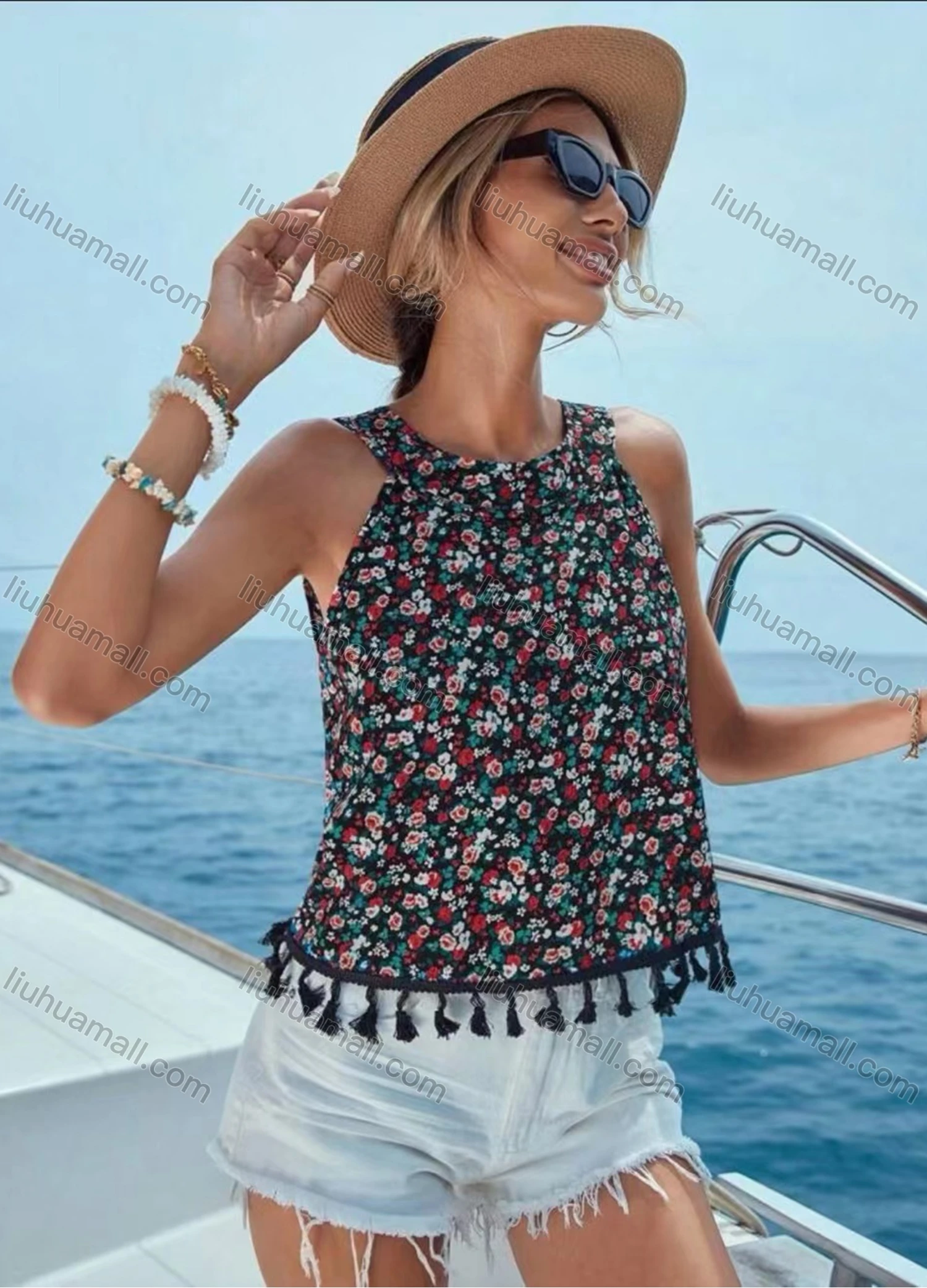 Wholesale Women's Casual Floral Allover Print Round Neck Tassel Tank Top - Liuhuamall