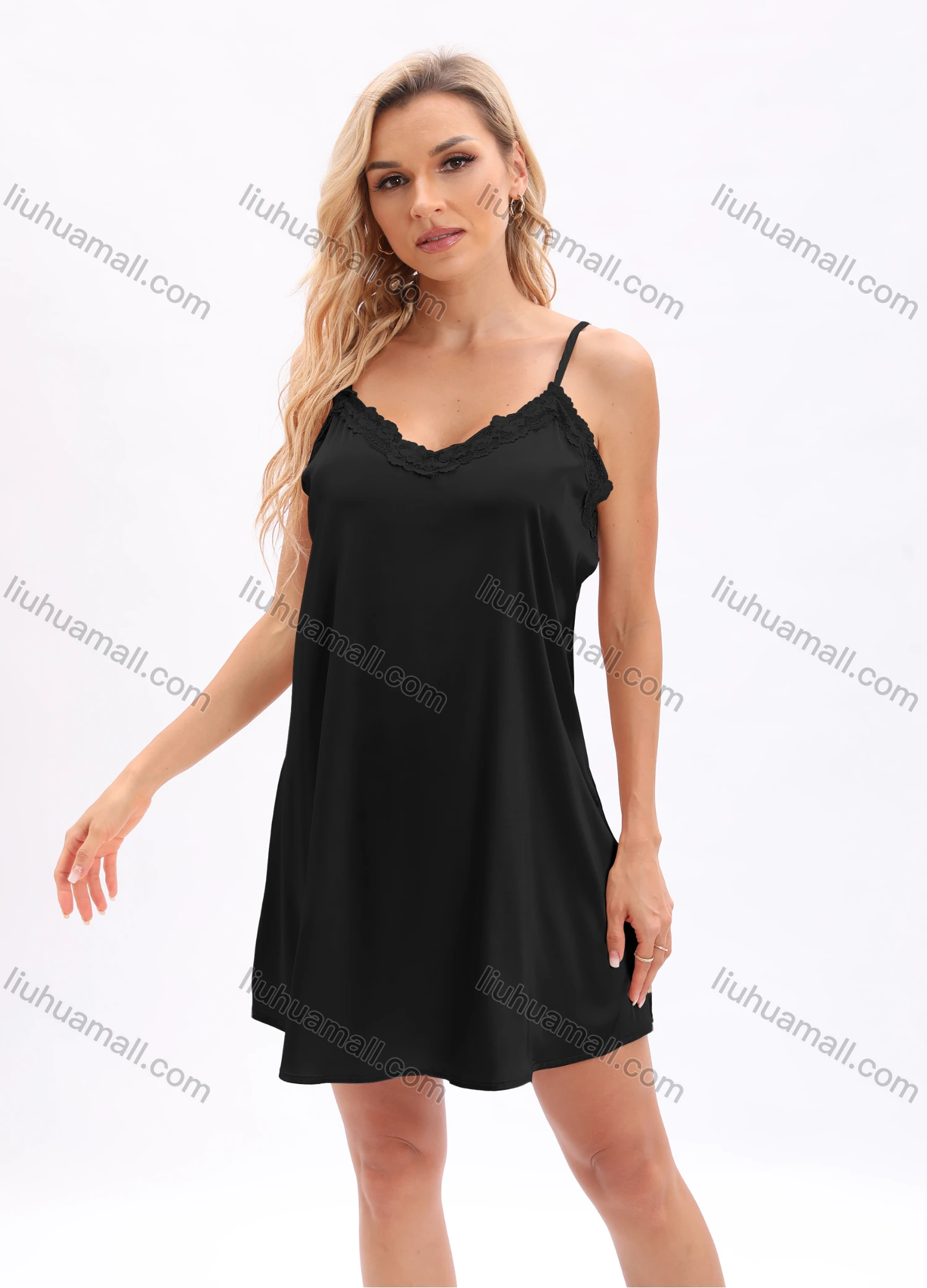Wholesale Women's Plain Lace Trim Spaghetti Straps Satin Short Nightgown Pajamas Dress - Liuhuamall