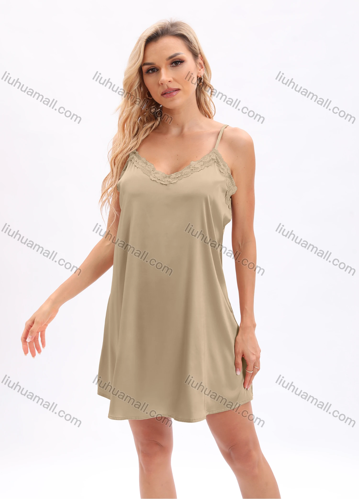 Wholesale Women's Plain Lace Trim Spaghetti Straps Satin Short Nightgown Pajamas Dress - Liuhuamall