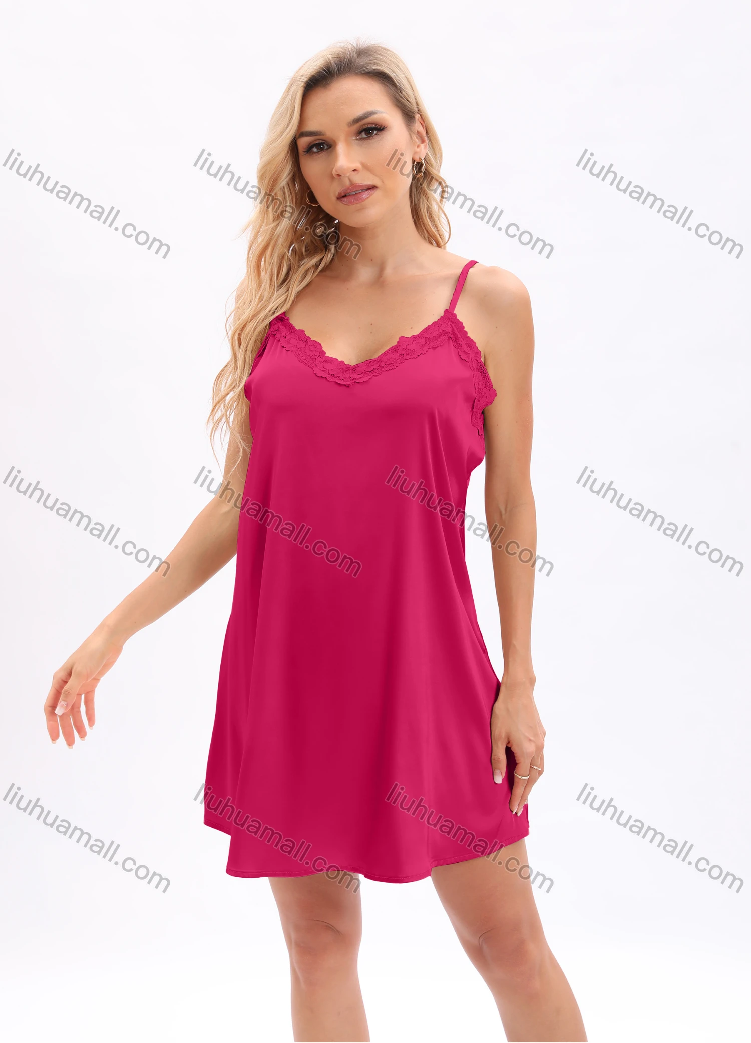 Wholesale Women's Plain Lace Trim Spaghetti Straps Satin Short Nightgown Pajamas Dress - Liuhuamall