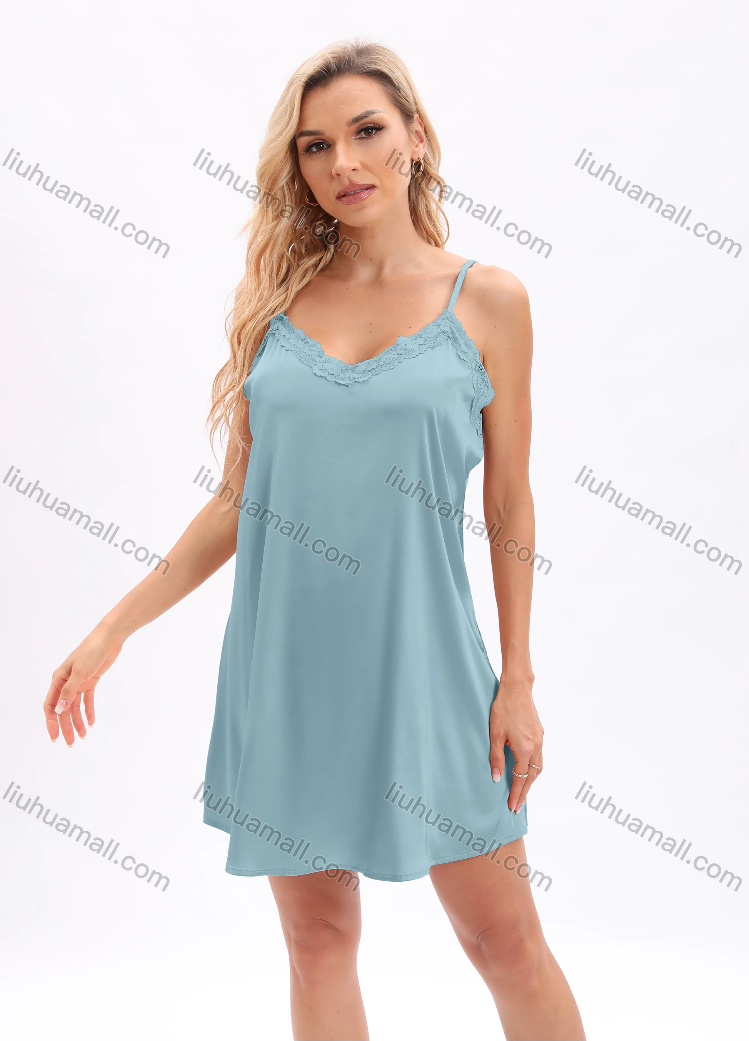 Wholesale Women's Plain Lace Trim Spaghetti Straps Satin Short Nightgown Pajamas Dress - Liuhuamall