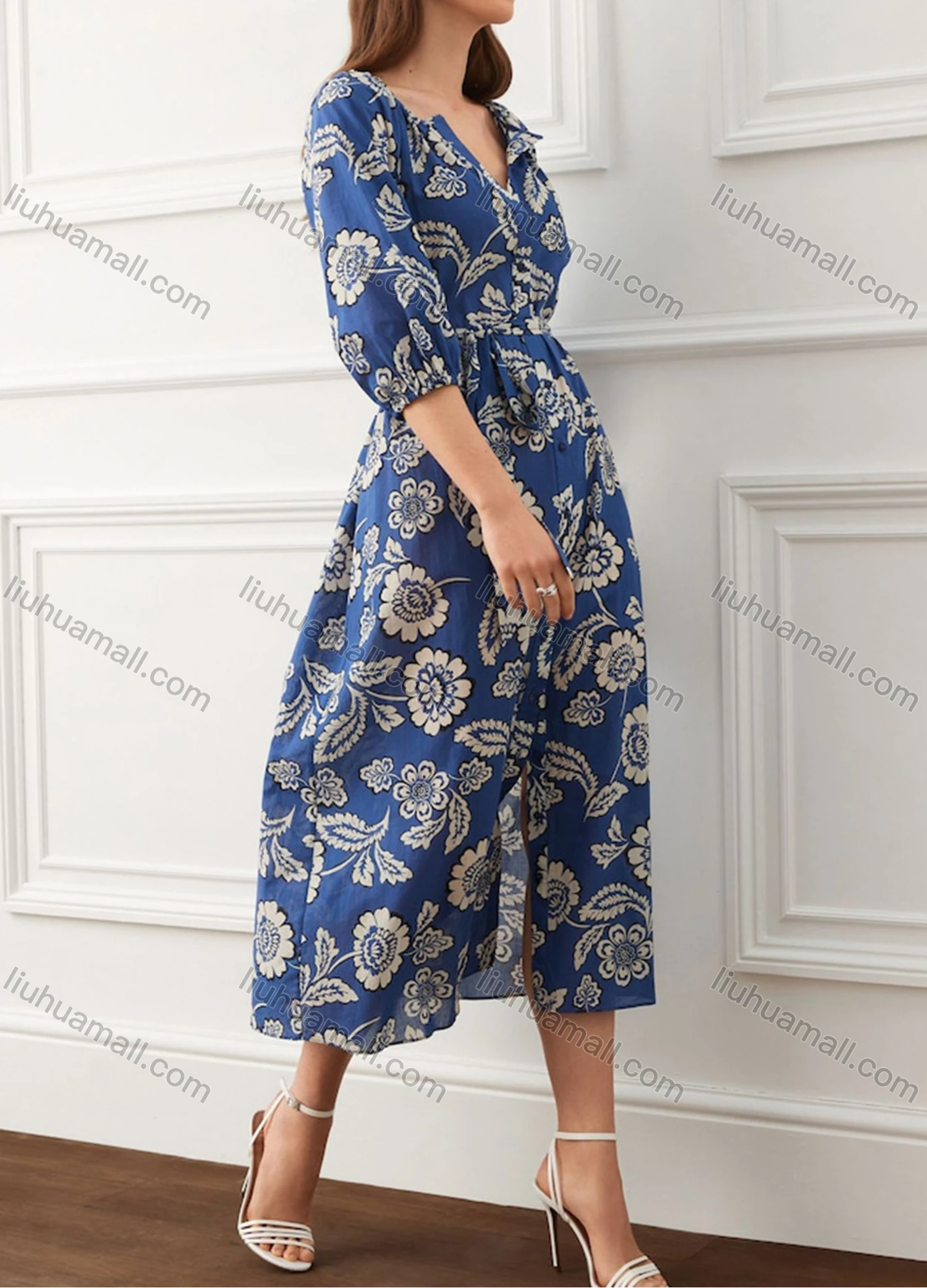 Wholesale Women's Elegant Floral Print Notched Neck Half Sleeve Buttons Down Midi Dress With Belt 9208# - Liuhuamall