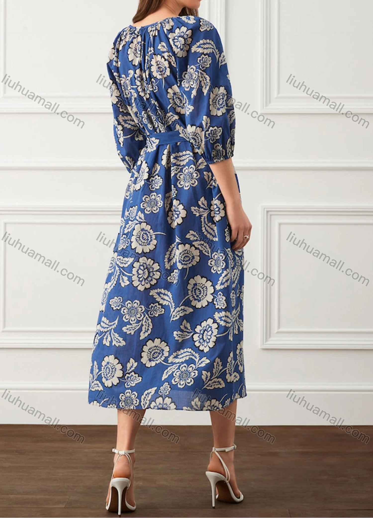 Wholesale Women's Elegant Floral Print Notched Neck Half Sleeve Buttons Down Midi Dress With Belt 9208# - Liuhuamall