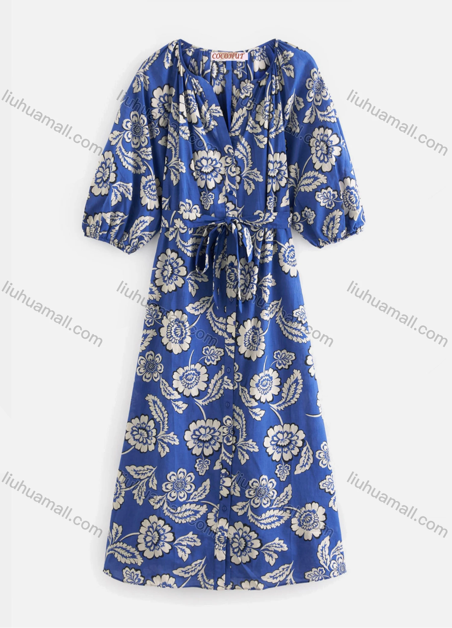 Wholesale Women's Elegant Floral Print Notched Neck Half Sleeve Buttons Down Midi Dress With Belt 9208# - Liuhuamall