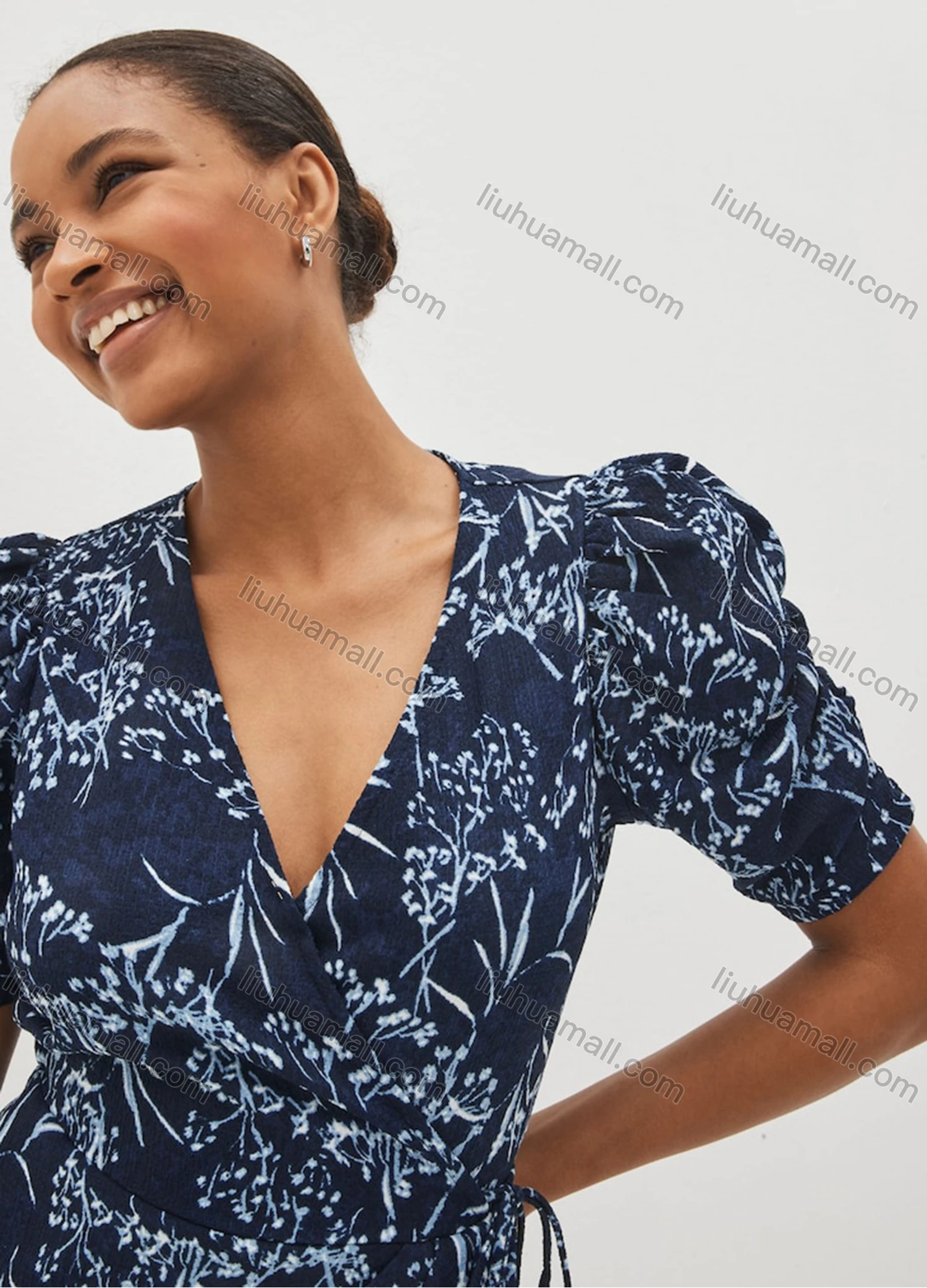 Wholesale Women's Elegant Sexy Floral Print Wrap Deep V Neck Short Sleeve Short Dress 9215# - Liuhuamall