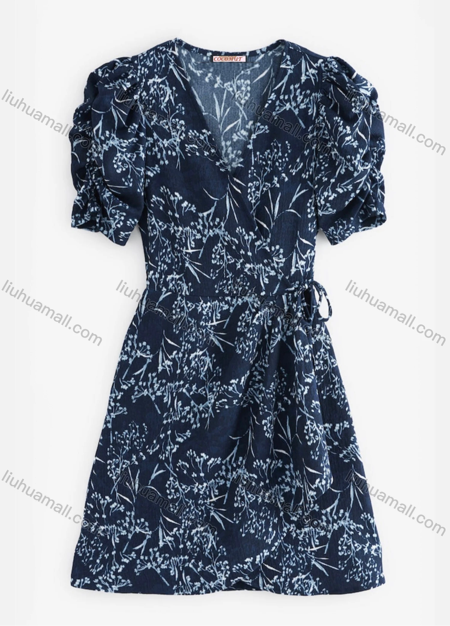 Wholesale Women's Elegant Sexy Floral Print Wrap Deep V Neck Short Sleeve Short Dress 9215# - Liuhuamall