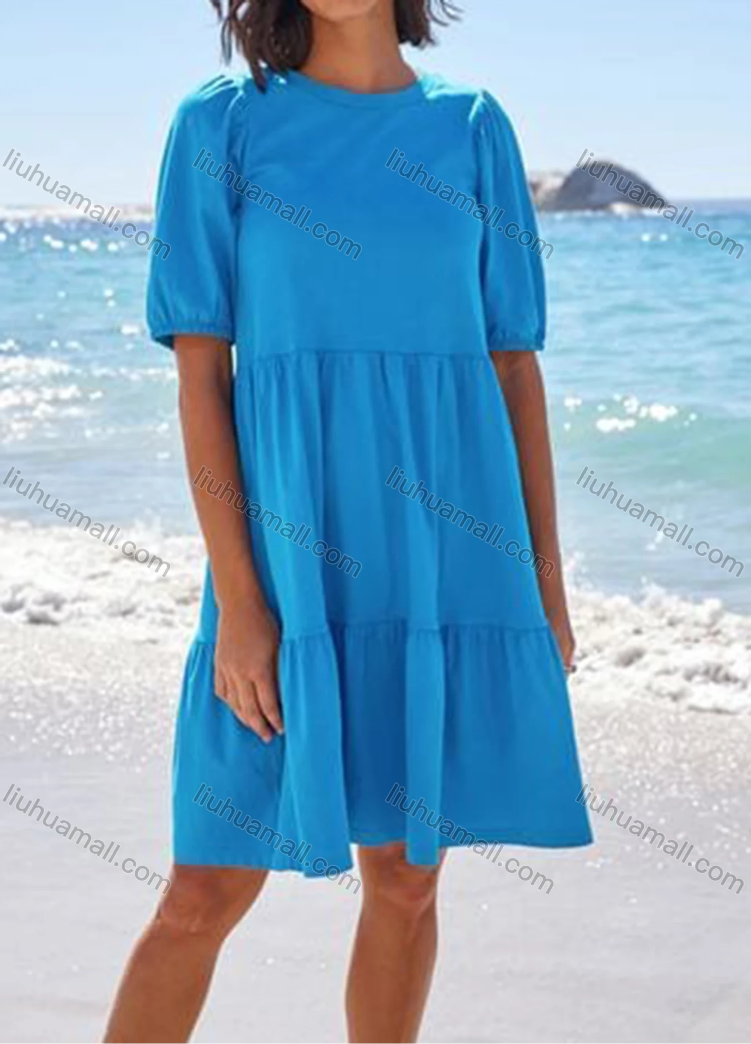 Wholesale Women's Casual Plain Round Neck Half Sleeve Ruched Short Dress 9216# - Liuhuamall