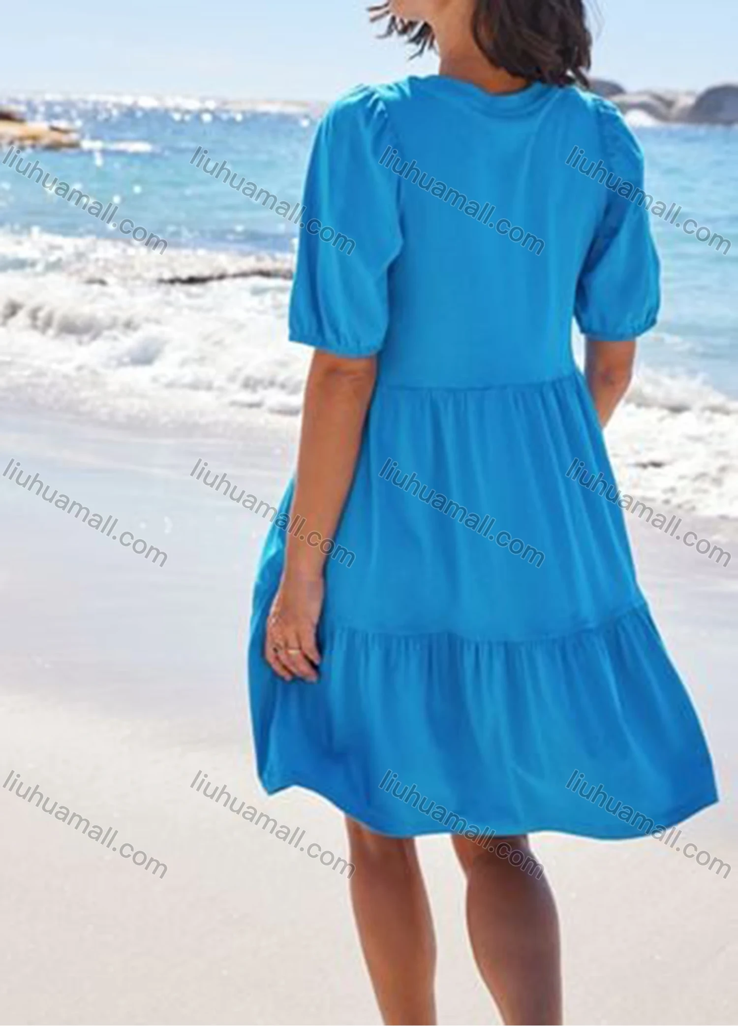 Wholesale Women's Casual Plain Round Neck Half Sleeve Ruched Short Dress 9216# - Liuhuamall