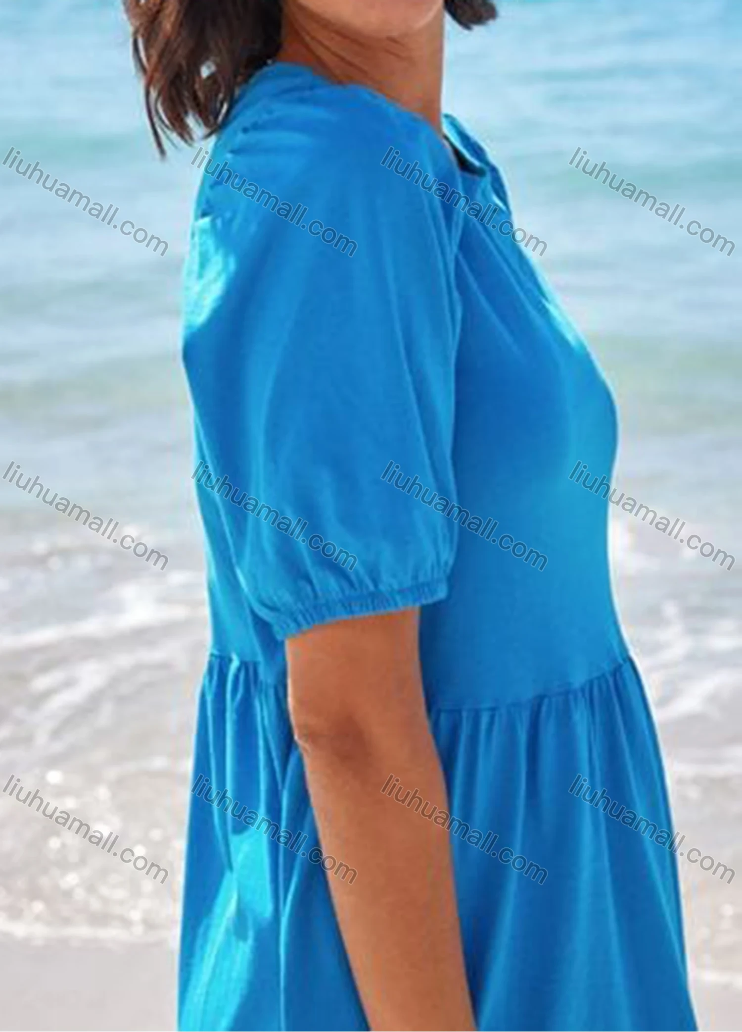 Wholesale Women's Casual Plain Round Neck Half Sleeve Ruched Short Dress 9216# - Liuhuamall