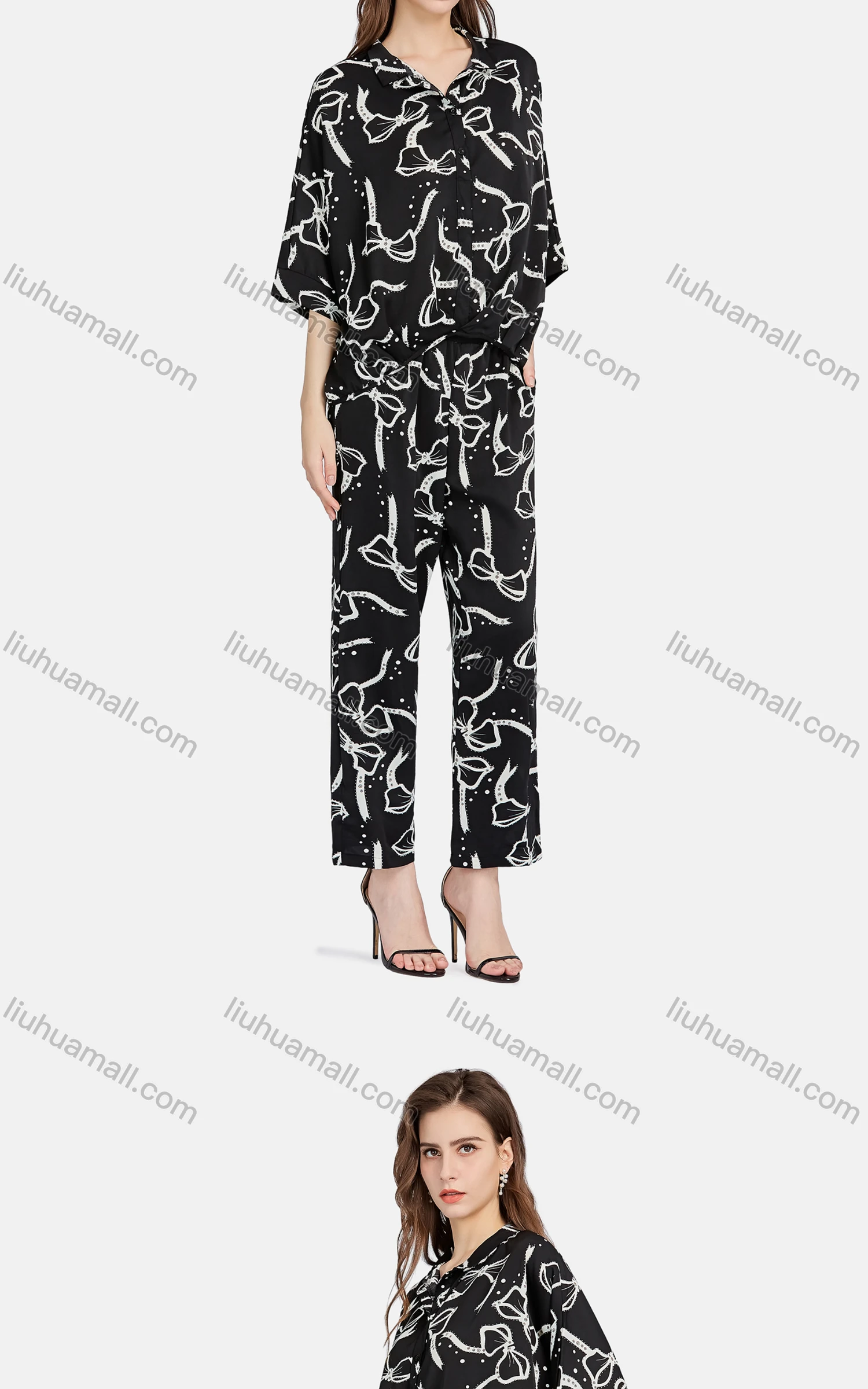 Wholesale Women's Casual Bow Knot Rhinestone Button Down Shirt & Pants 2-piece Set - Liuhuamall