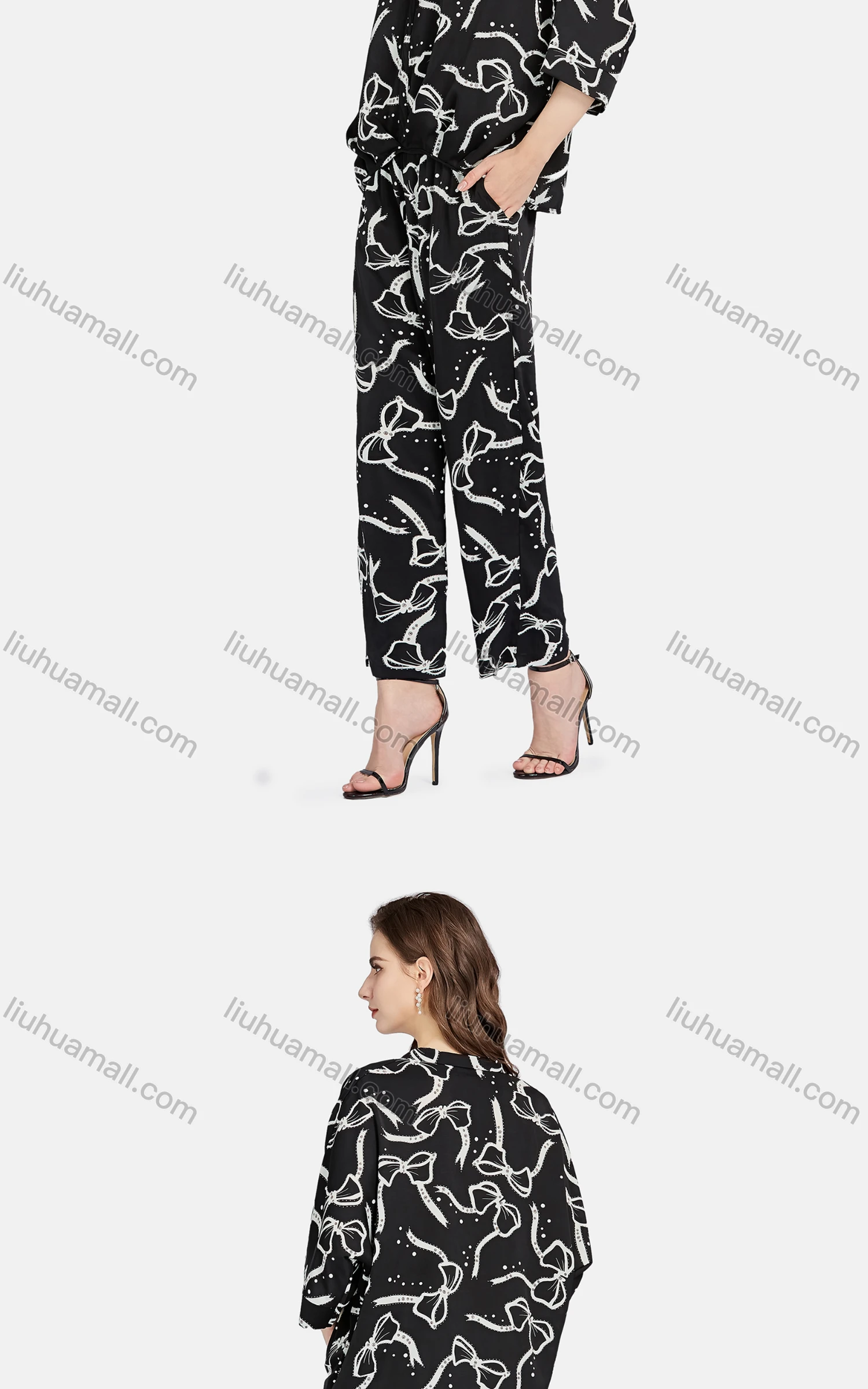 Wholesale Women's Casual Bow Knot Rhinestone Button Down Shirt & Pants 2-piece Set - Liuhuamall