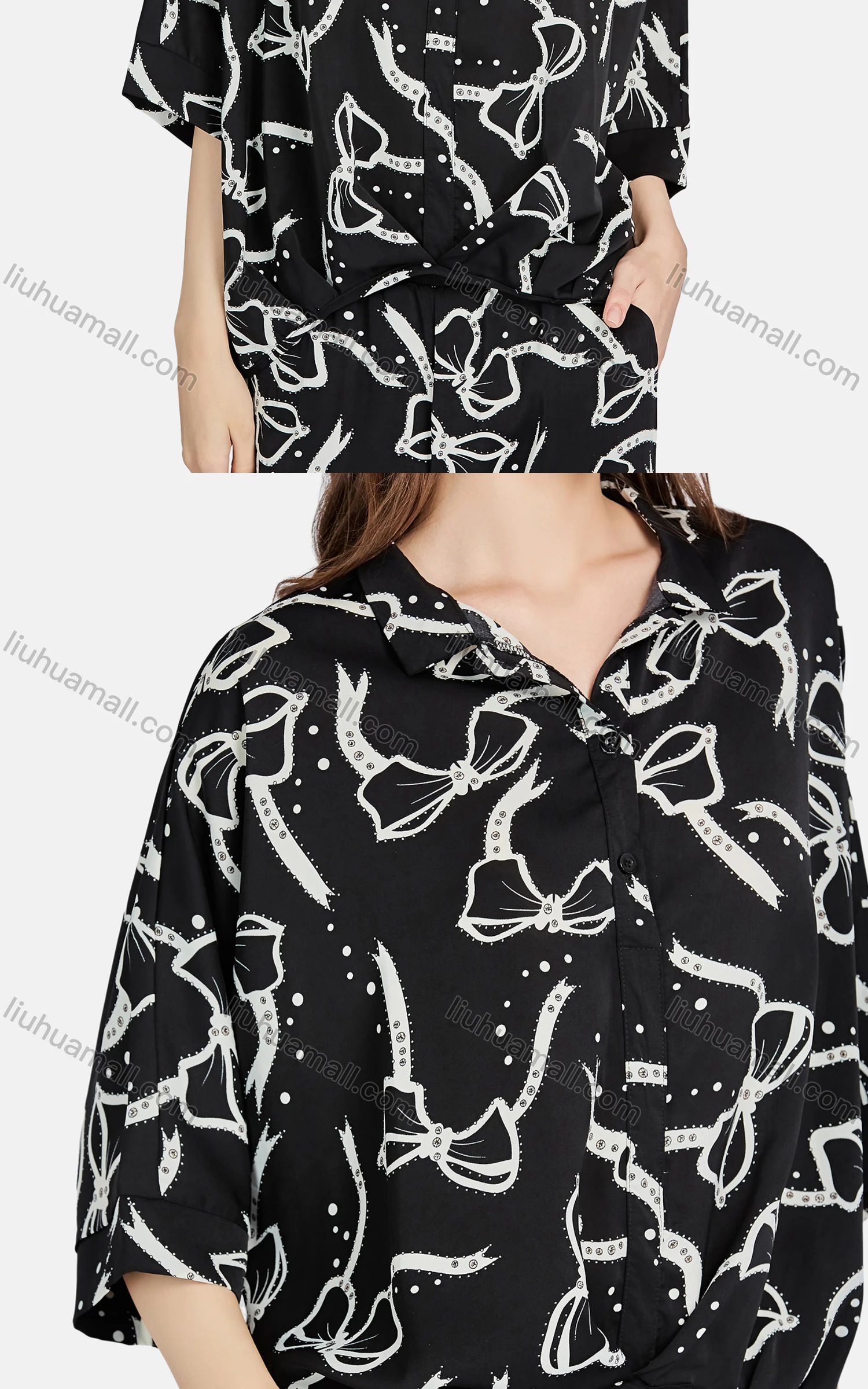 Wholesale Women's Casual Bow Knot Rhinestone Button Down Shirt & Pants 2-piece Set - Liuhuamall