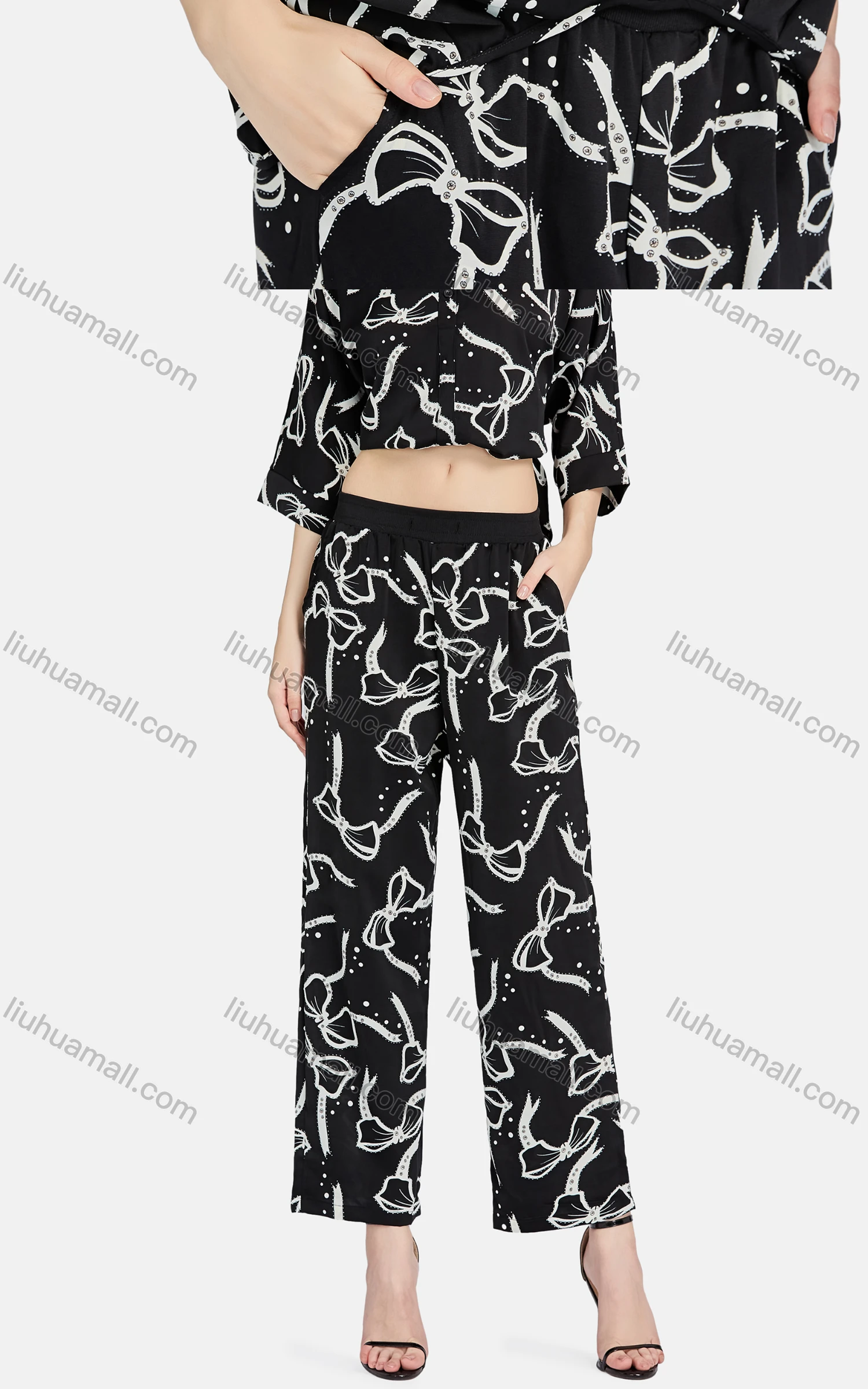 Wholesale Women's Casual Bow Knot Rhinestone Button Down Shirt & Pants 2-piece Set - Liuhuamall