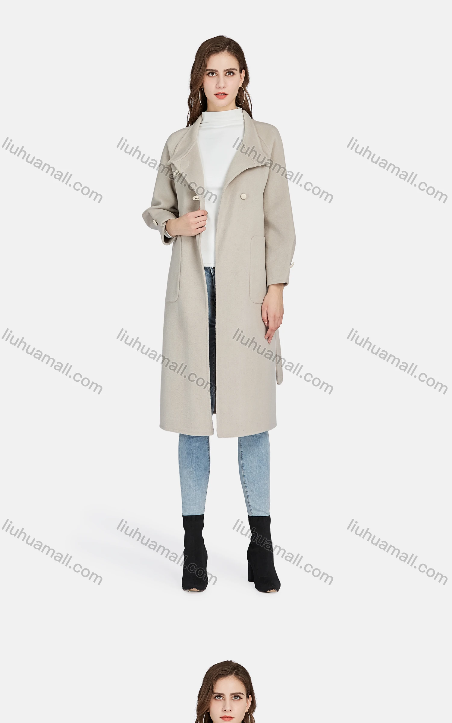 Wholesale Women's Casual Stand Collar Tie Front Patch Pockets Woolen Overcoat 82021# - Liuhuamall