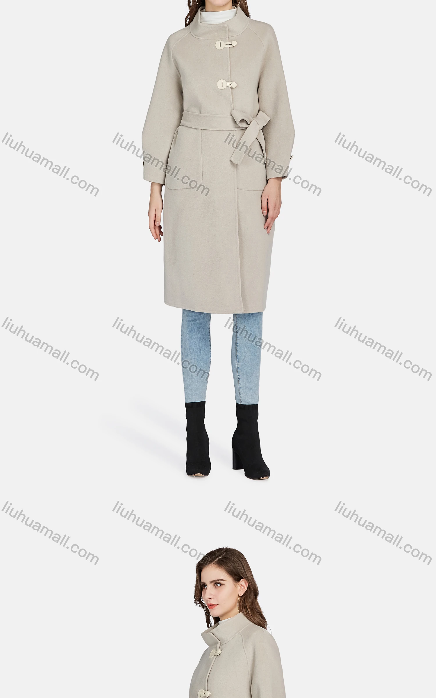 Wholesale Women's Casual Stand Collar Tie Front Patch Pockets Woolen Overcoat 82021# - Liuhuamall