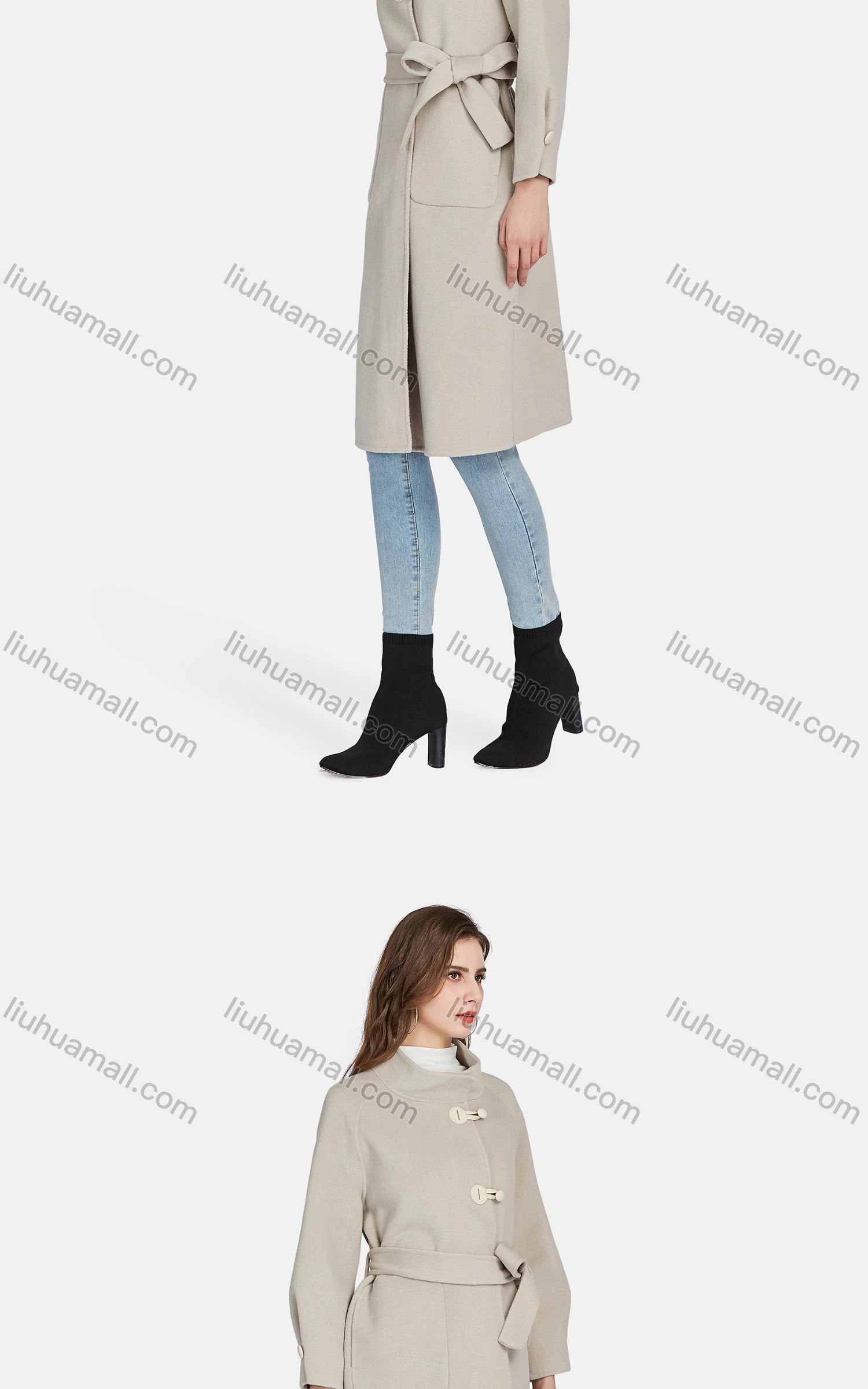 Wholesale Women's Casual Stand Collar Tie Front Patch Pockets Woolen Overcoat 82021# - Liuhuamall