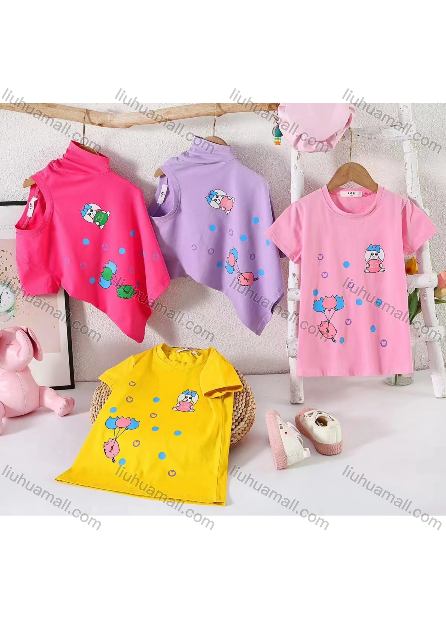 Wholesale Girl's Casual Cartoon Print 100% Cotton Round Neck Short Sleeve Tee - Liuhuamall