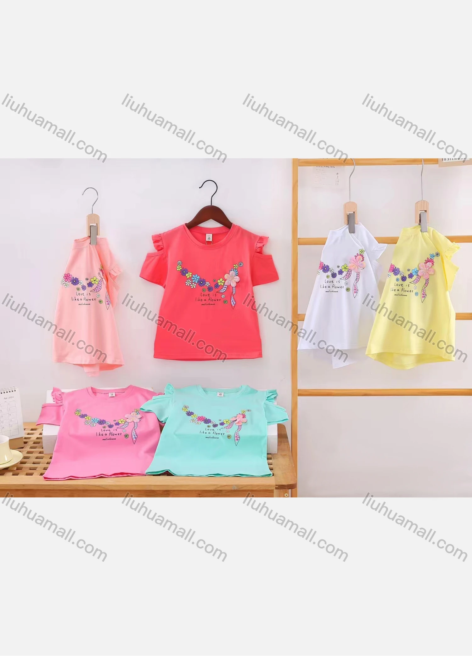 Wholesale Girl's Casual Floral Print 3D Flower Applique 100% Cotton Round Neck Ruffle Trim Cold Shoulder Short Sleeve Tee - Liuhuamall