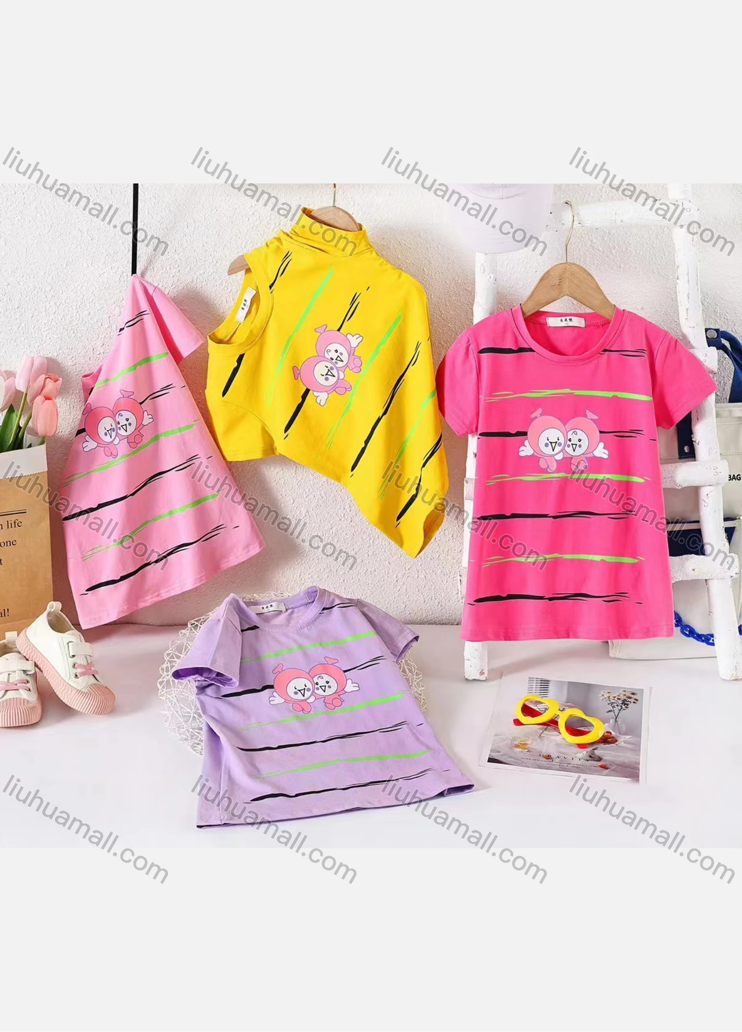 Wholesale Girl's Casual Cartoon Print 100% Cotton Round Neck Short Sleeve Tee - Liuhuamall