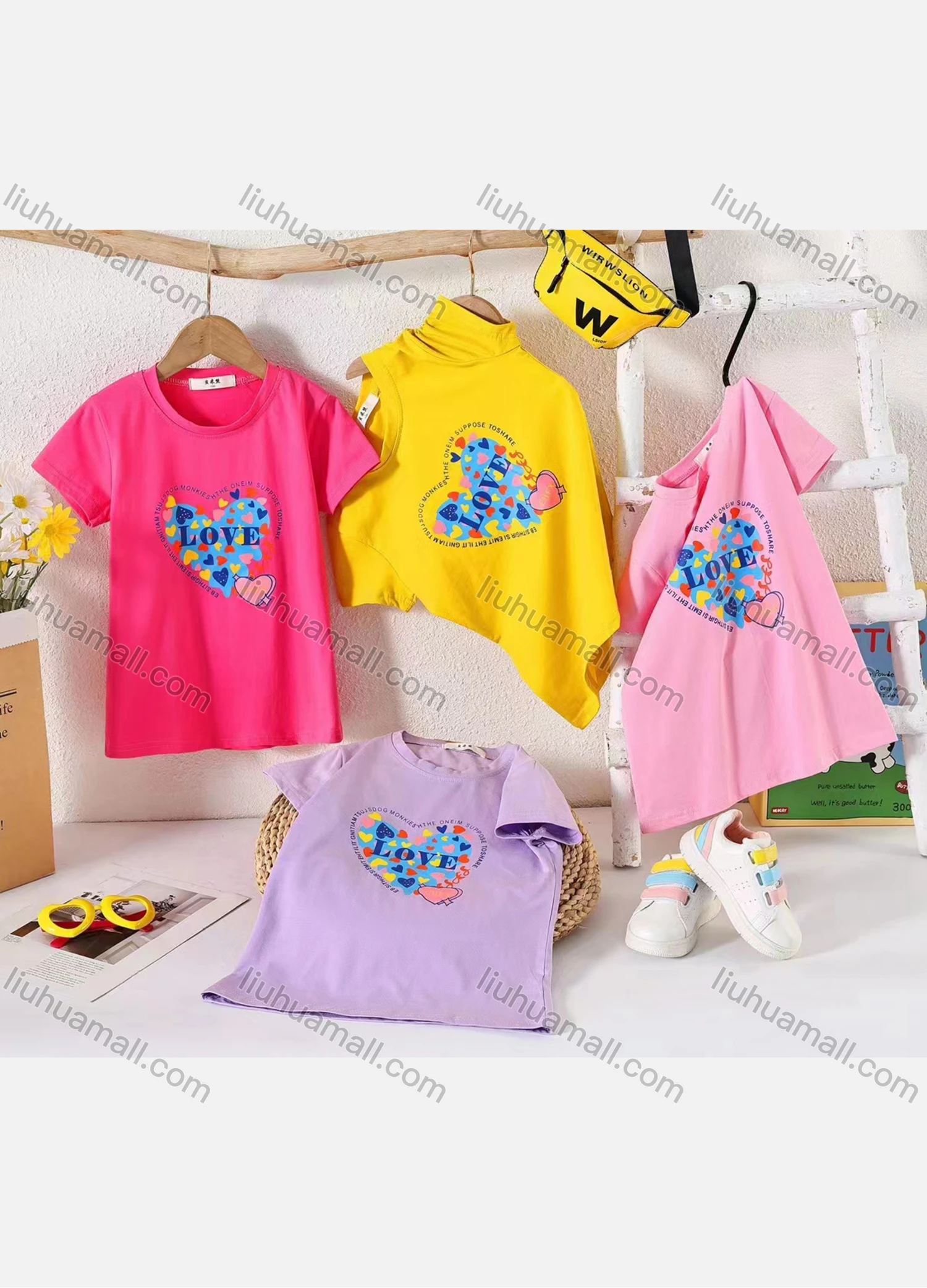 Wholesale Girl's Casual Heart Print 100% Cotton Round Neck Short Sleeve Tee - Liuhuamall