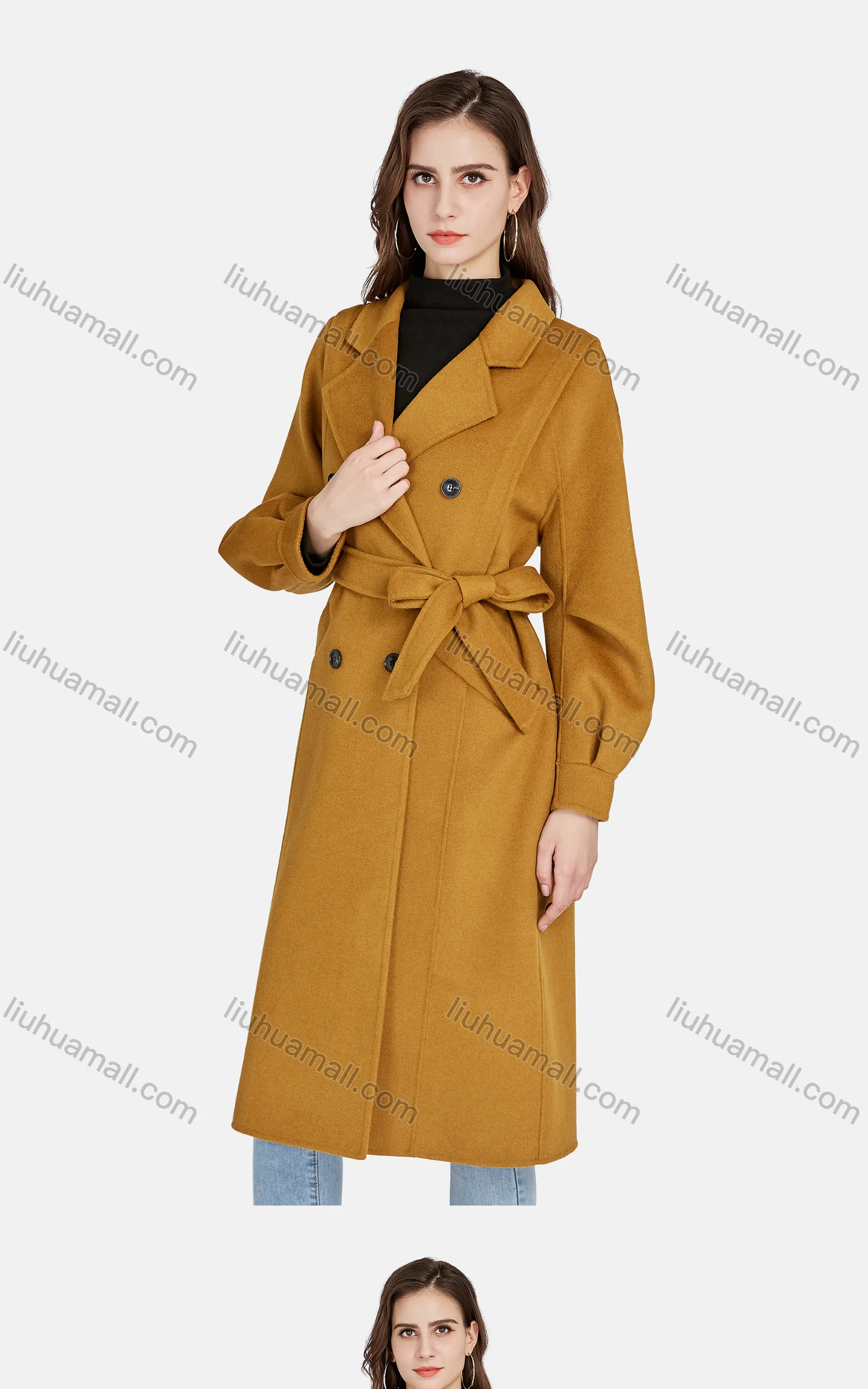 Wholesale Women's Casual Lapel Plain Double Breasted Tie Front Woolen Overcoat 8268# - Liuhuamall