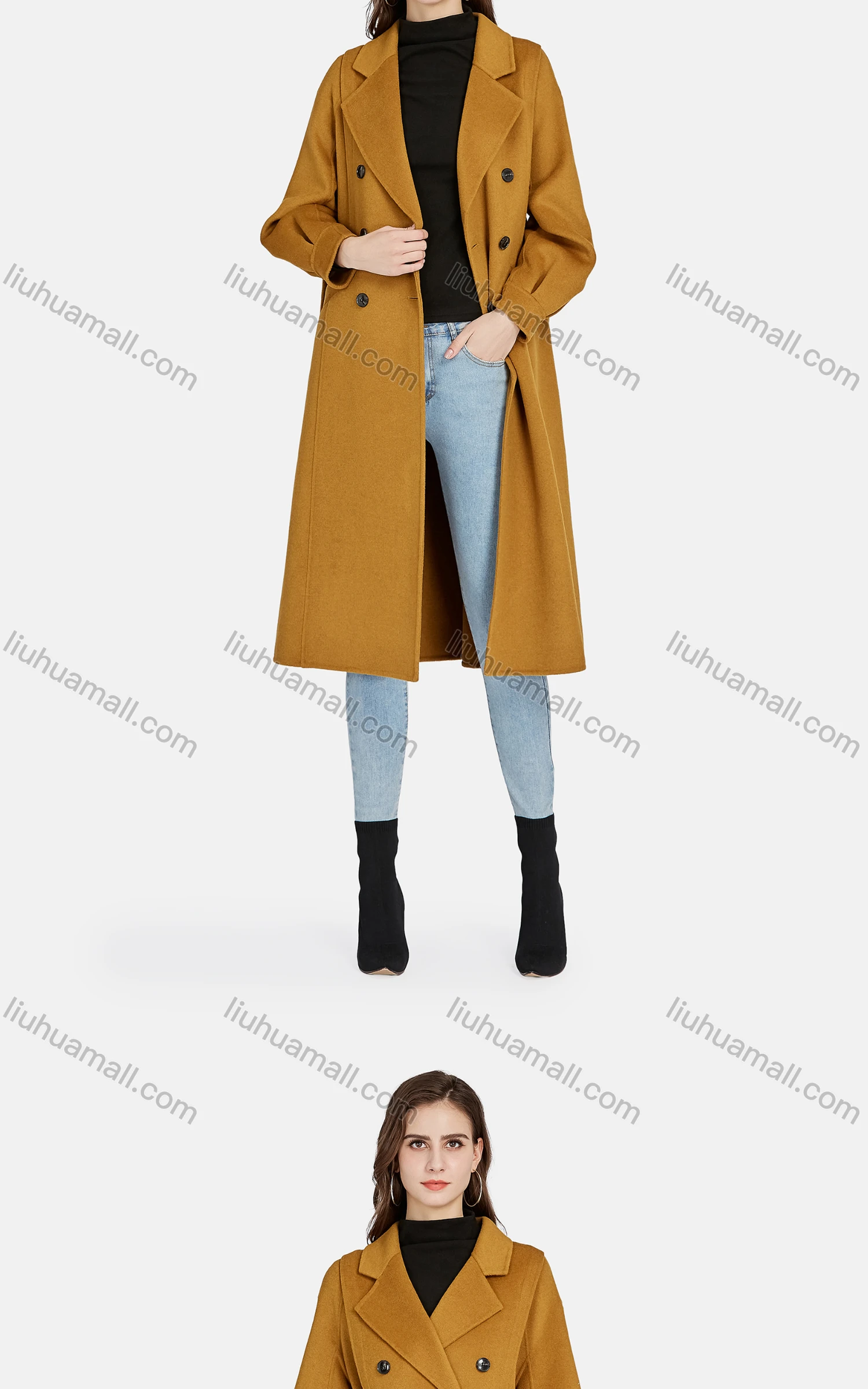 Wholesale Women's Casual Lapel Plain Double Breasted Tie Front Woolen Overcoat 8268# - Liuhuamall