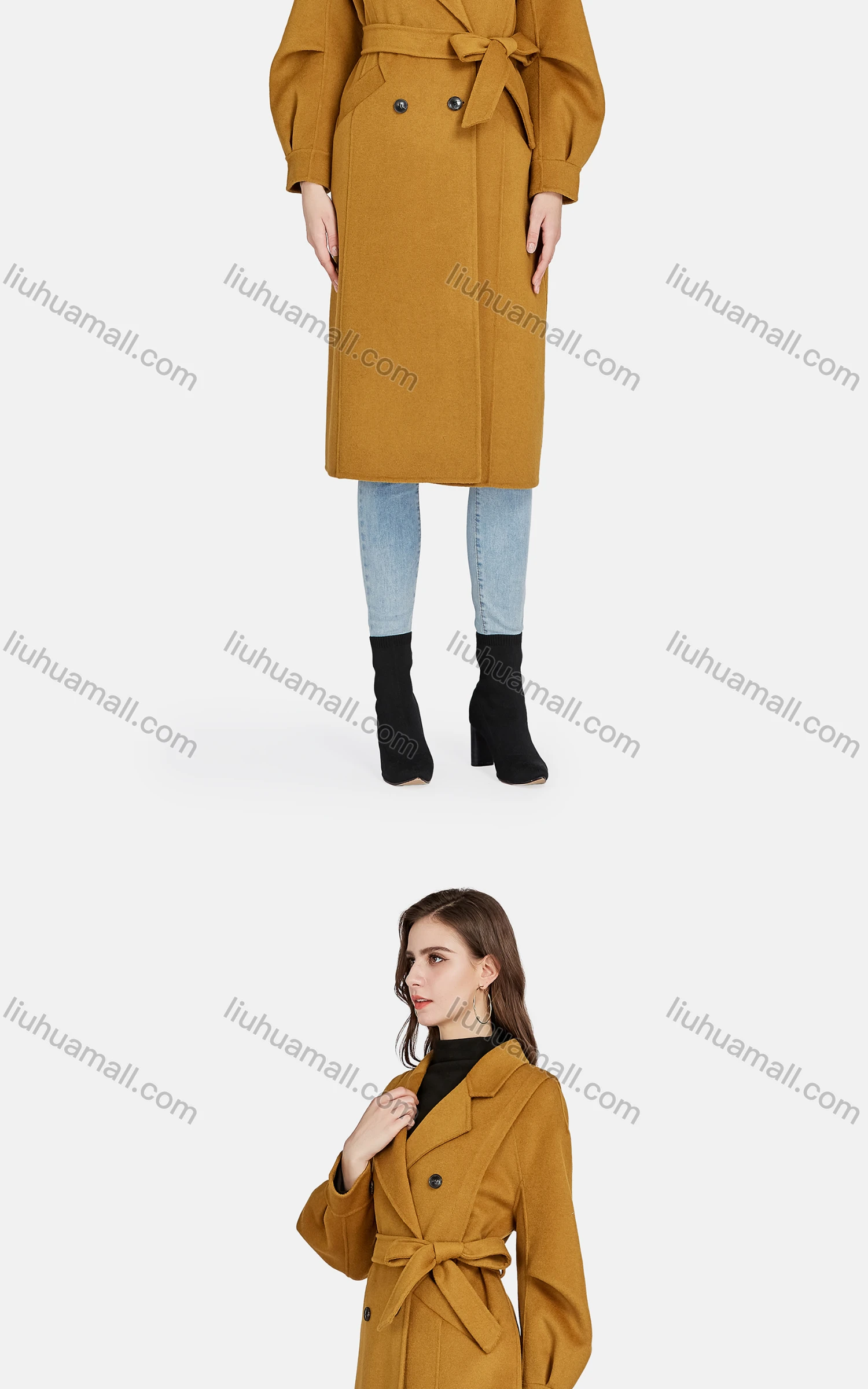 Wholesale Women's Casual Lapel Plain Double Breasted Tie Front Woolen Overcoat 8268# - Liuhuamall