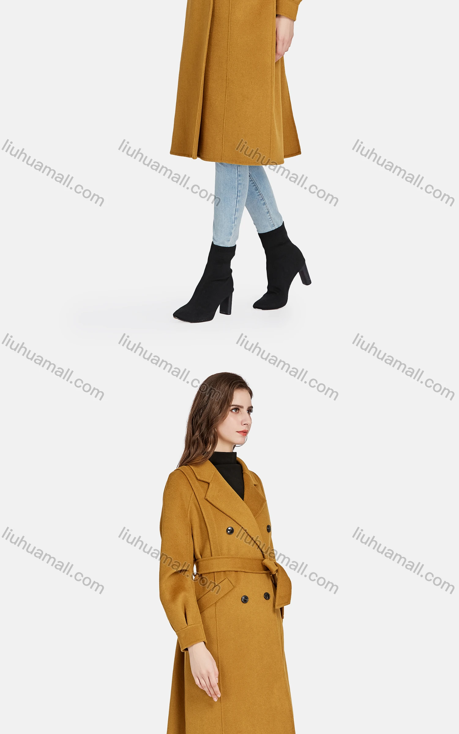 Wholesale Women's Casual Lapel Plain Double Breasted Tie Front Woolen Overcoat 8268# - Liuhuamall