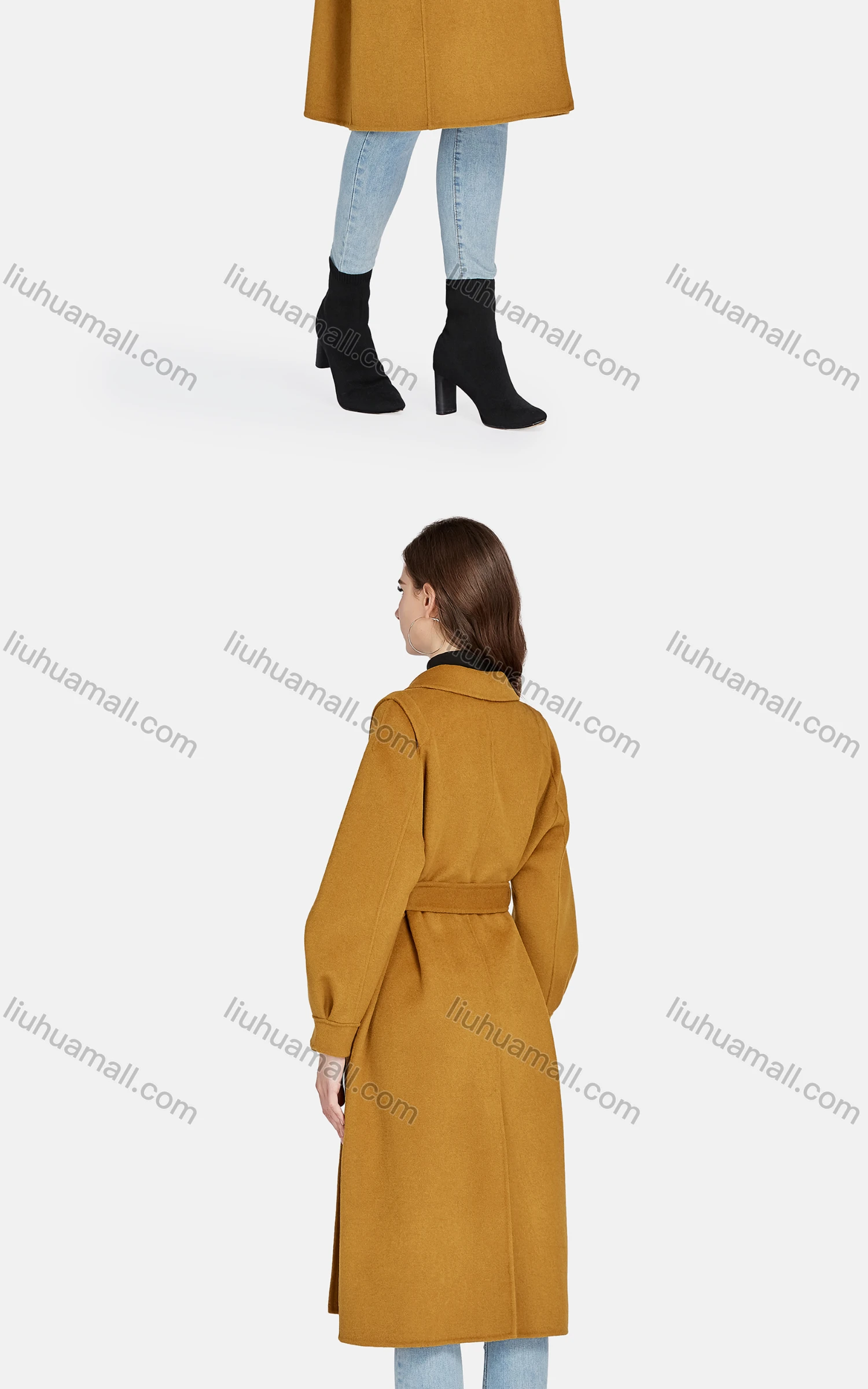 Wholesale Women's Casual Lapel Plain Double Breasted Tie Front Woolen Overcoat 8268# - Liuhuamall