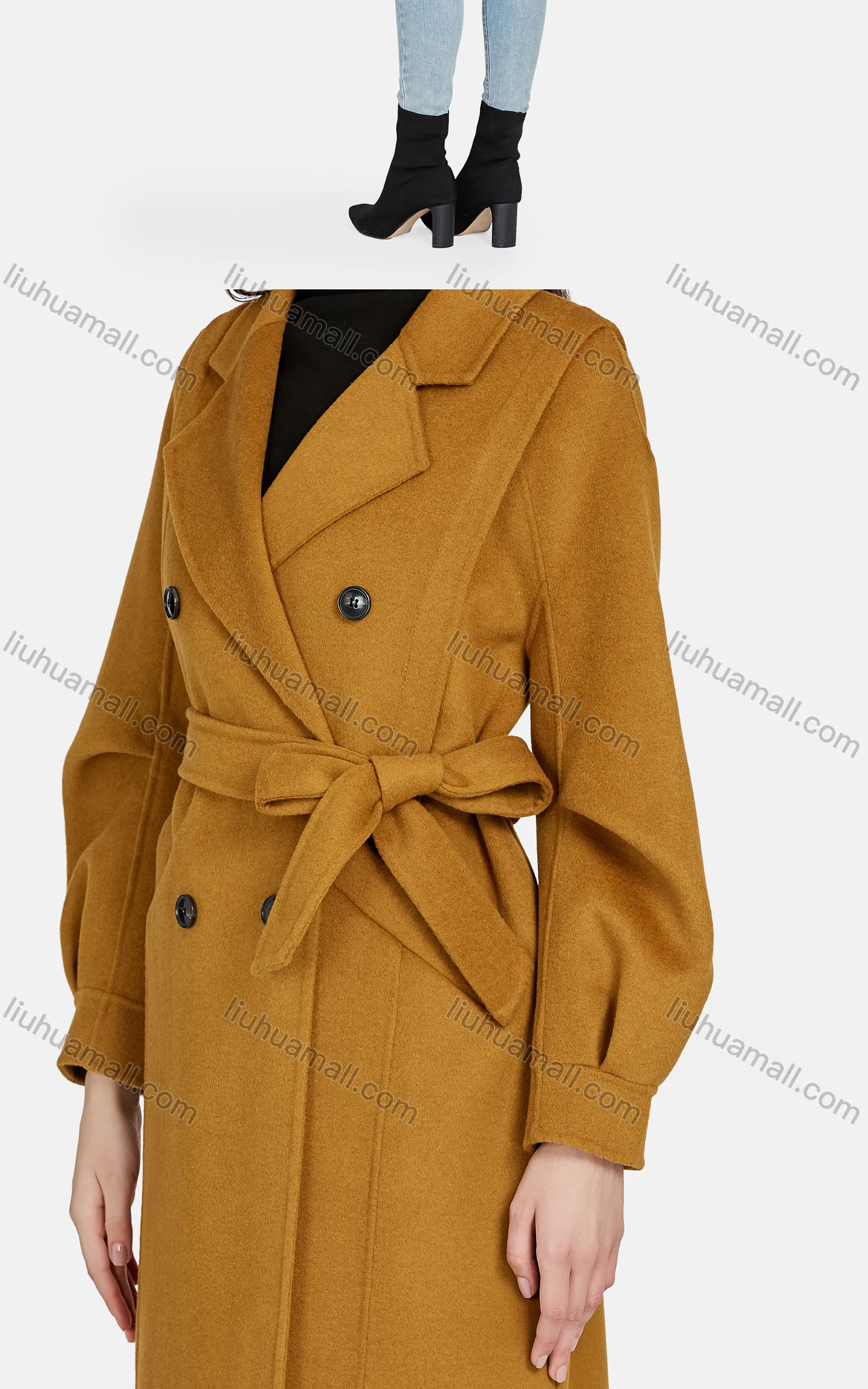 Wholesale Women's Casual Lapel Plain Double Breasted Tie Front Woolen Overcoat 8268# - Liuhuamall