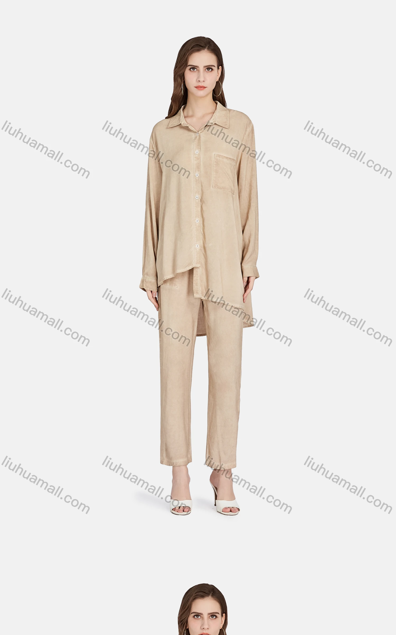 Wholesale Women's Casual Collared Long Sleeve Button Down Shirt 2-piece Sets BLY1154# - Liuhuamall