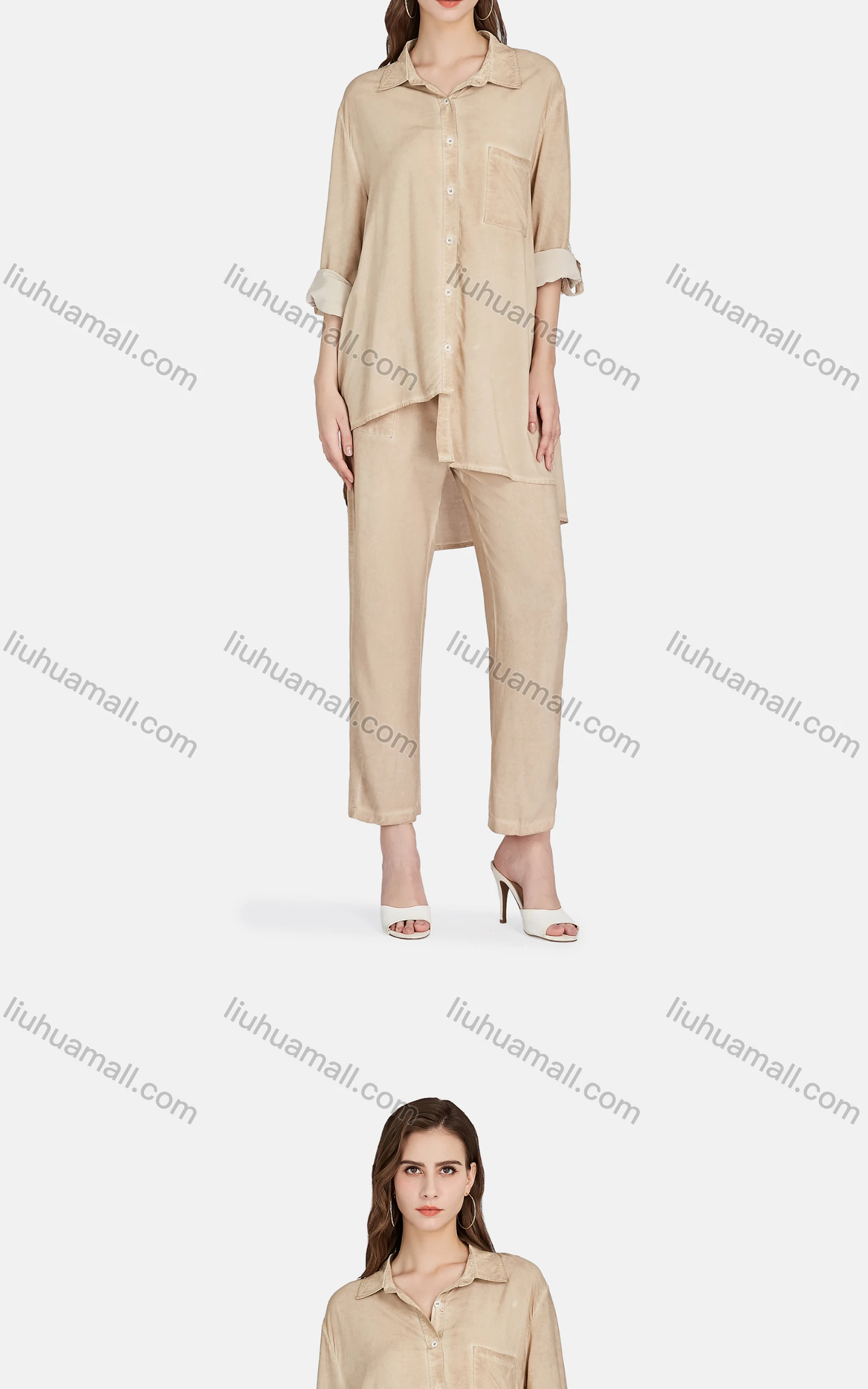 Wholesale Women's Casual Collared Long Sleeve Button Down Shirt 2-piece Sets BLY1154# - Liuhuamall